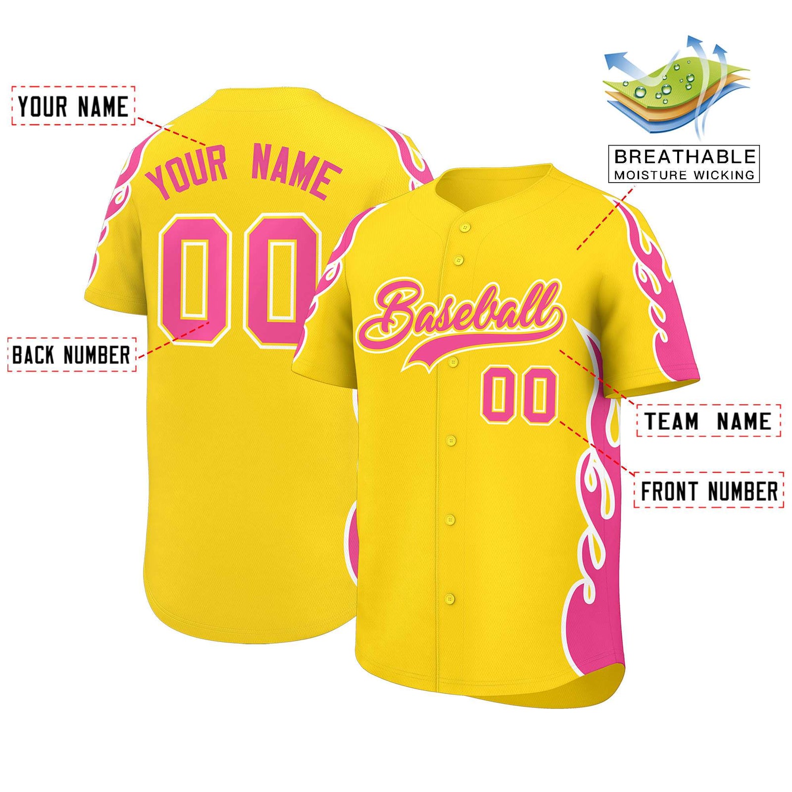 Custom Gold Pink Side Flame Outline Pattern Sports Uniform Basetball Jersey