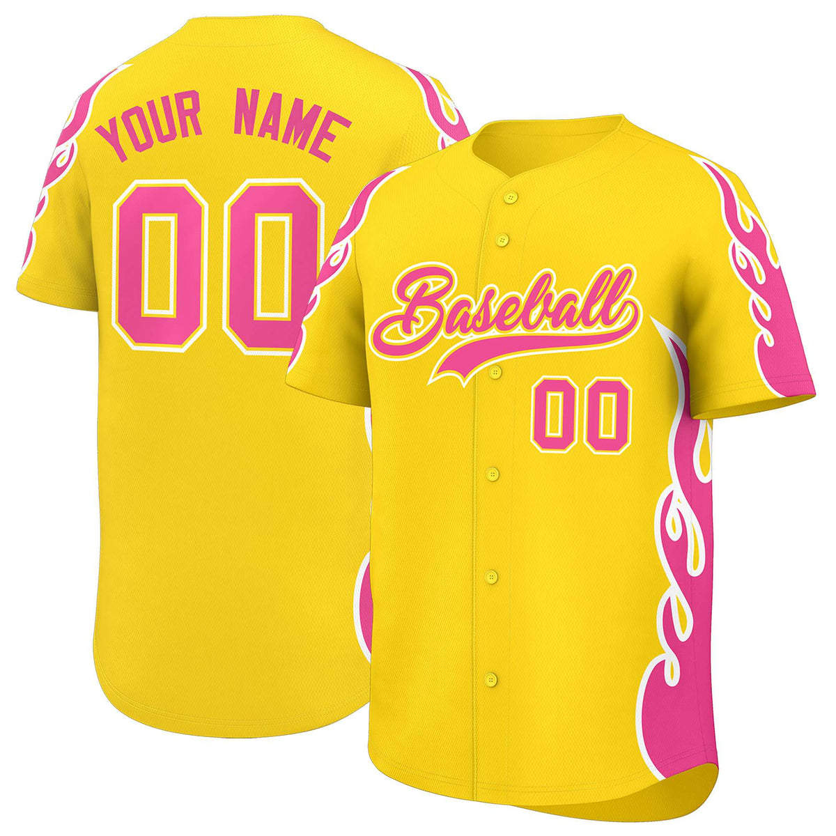 Custom Gold Pink Side Flame Outline Pattern Sports Uniform Basetball Jersey