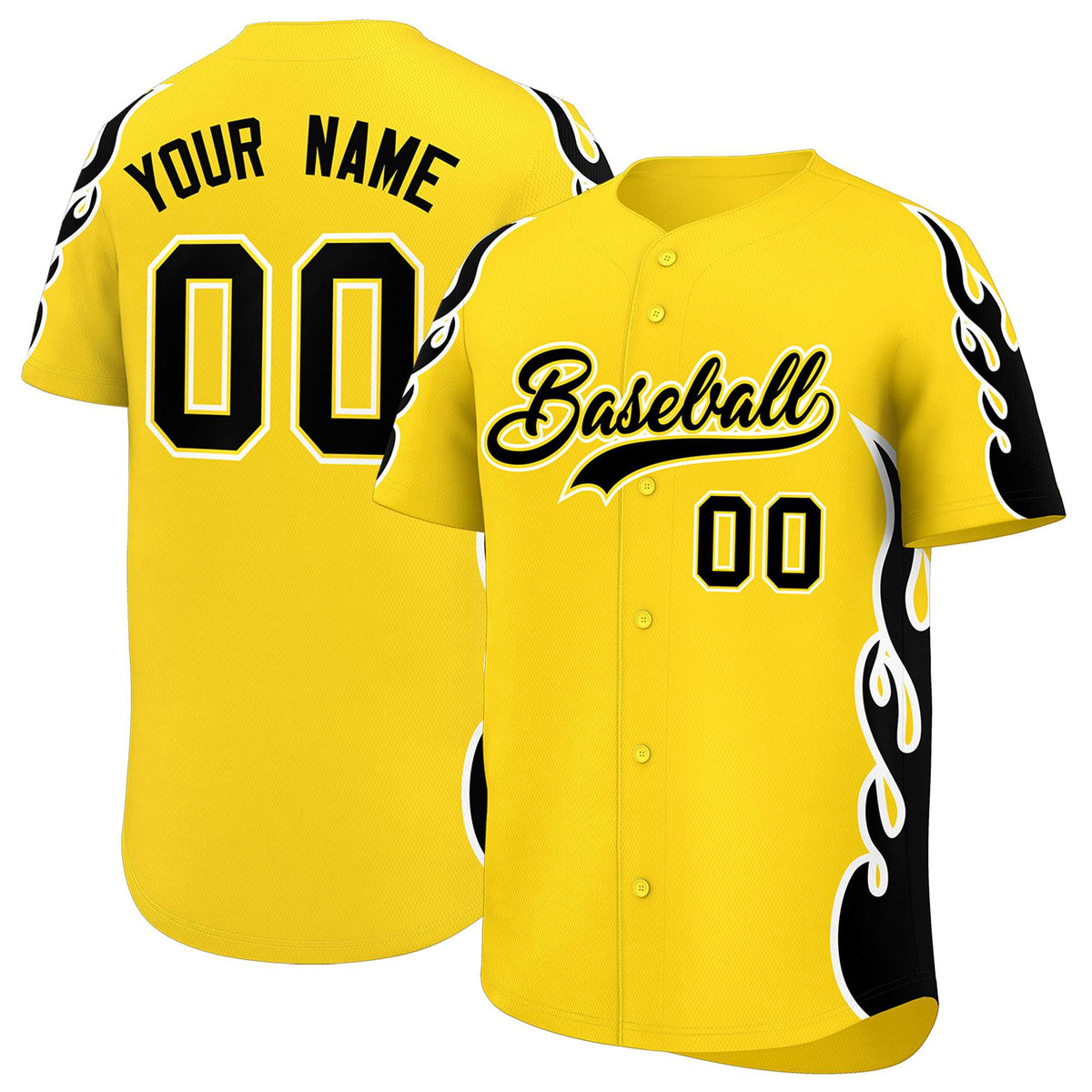 Custom Gold Black Side Flame Outline Pattern Sports Uniform Basetball Jersey