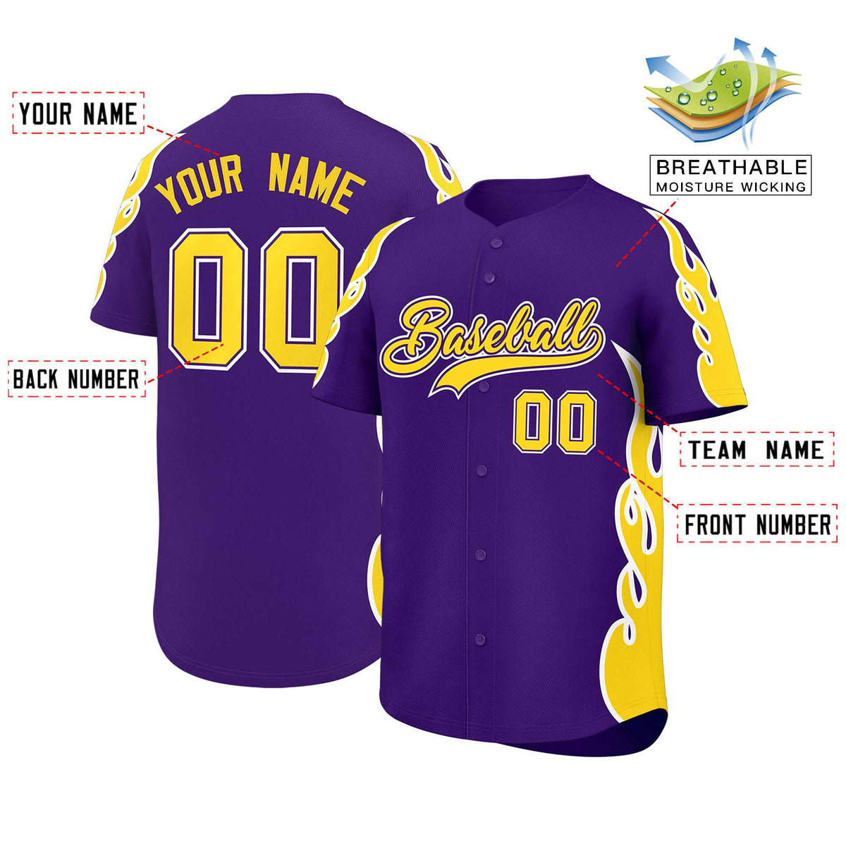 Custom Purple Gold Side Flame Outline Pattern Sports Uniform Basetball Jersey