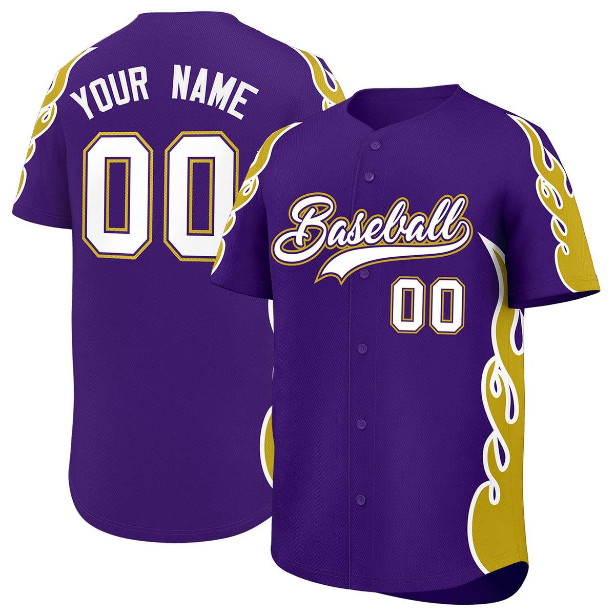 Custom Purple Old Gold Side Flame Outline Pattern Sports Uniform Basetball Jersey