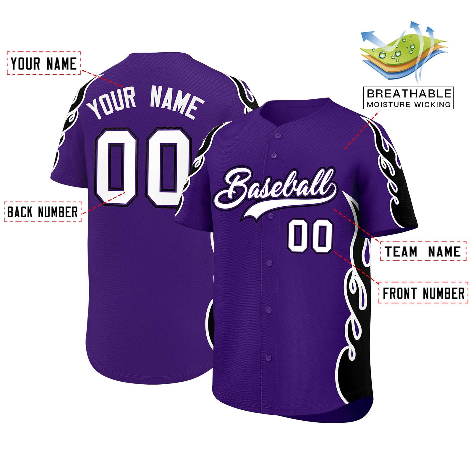 Custom Purple Black Side Flame Outline Pattern Sports Uniform Basetball Jersey