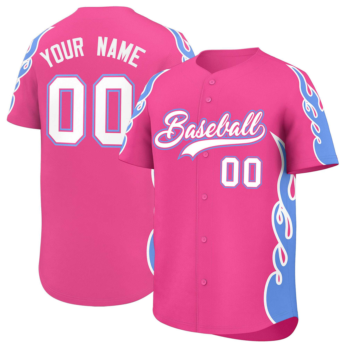 Custom Pink Light Blue Side Flame Outline Pattern Sports Uniform Basetball Jersey