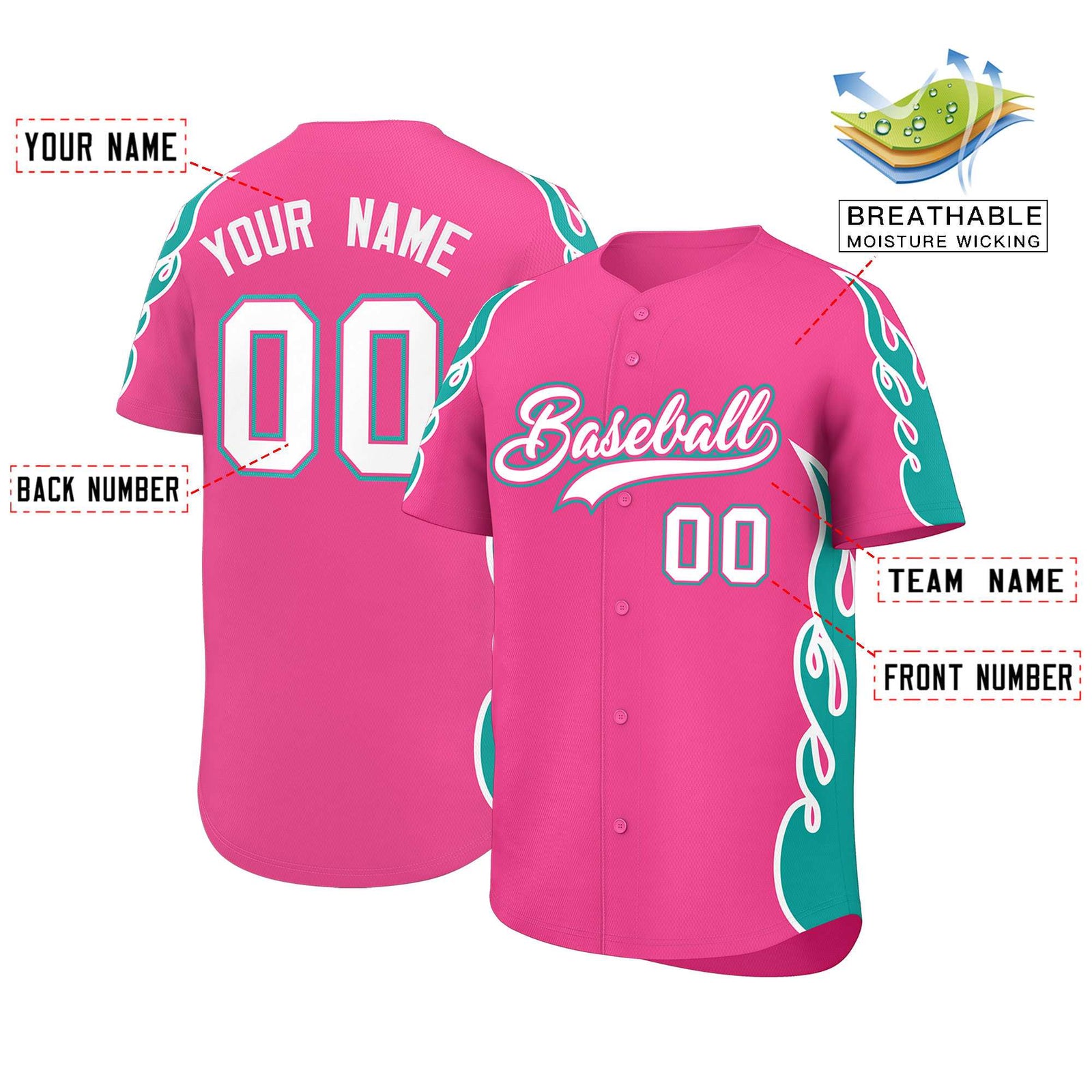 Custom Pink Aqua Side Flame Outline Pattern Sports Uniform Basetball Jersey