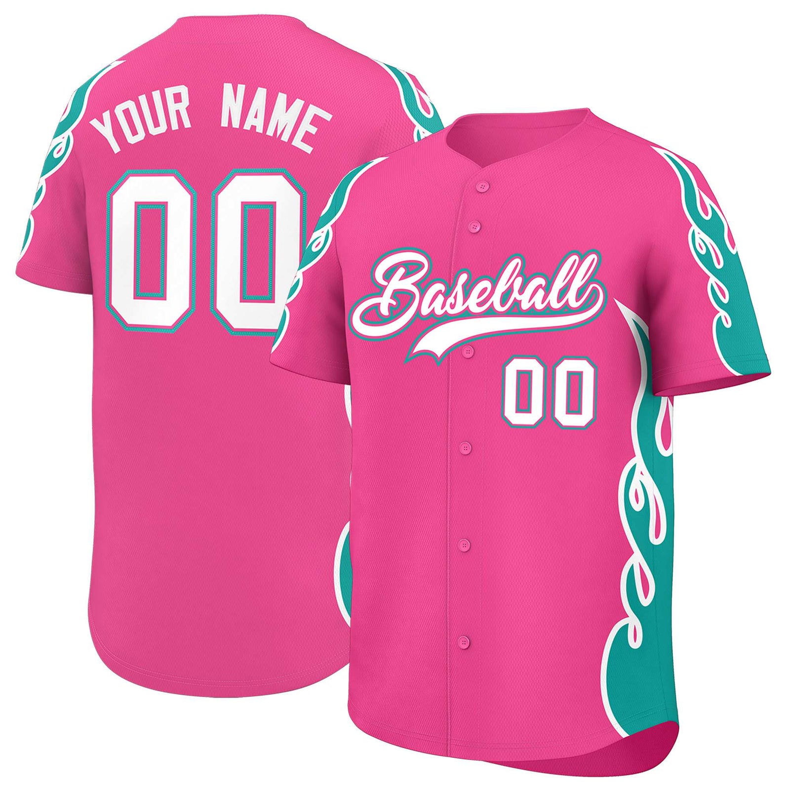 Custom Pink Aqua Side Flame Outline Pattern Sports Uniform Basetball Jersey