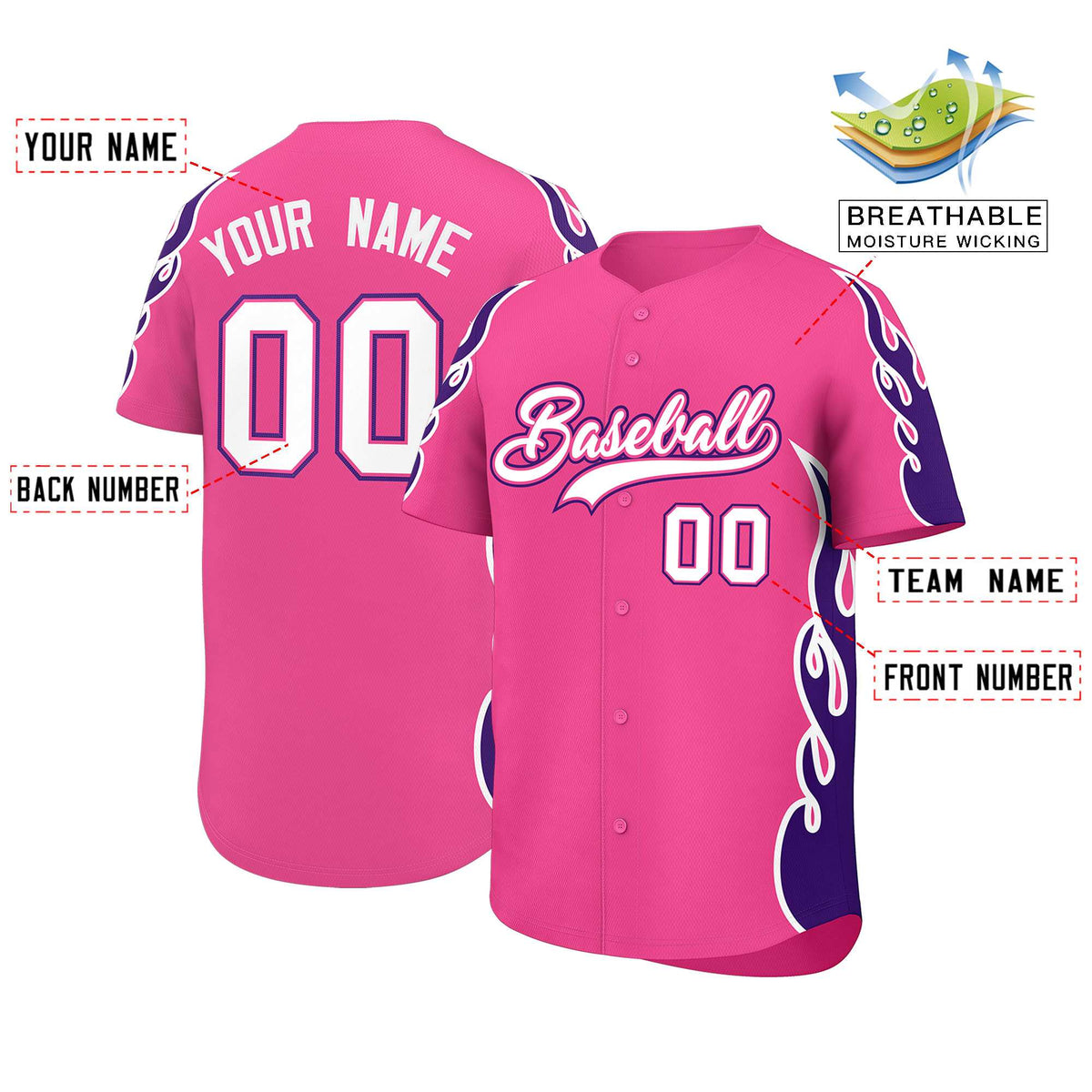 Custom Pink Purple Side Flame Outline Pattern Sports Uniform Basetball Jersey