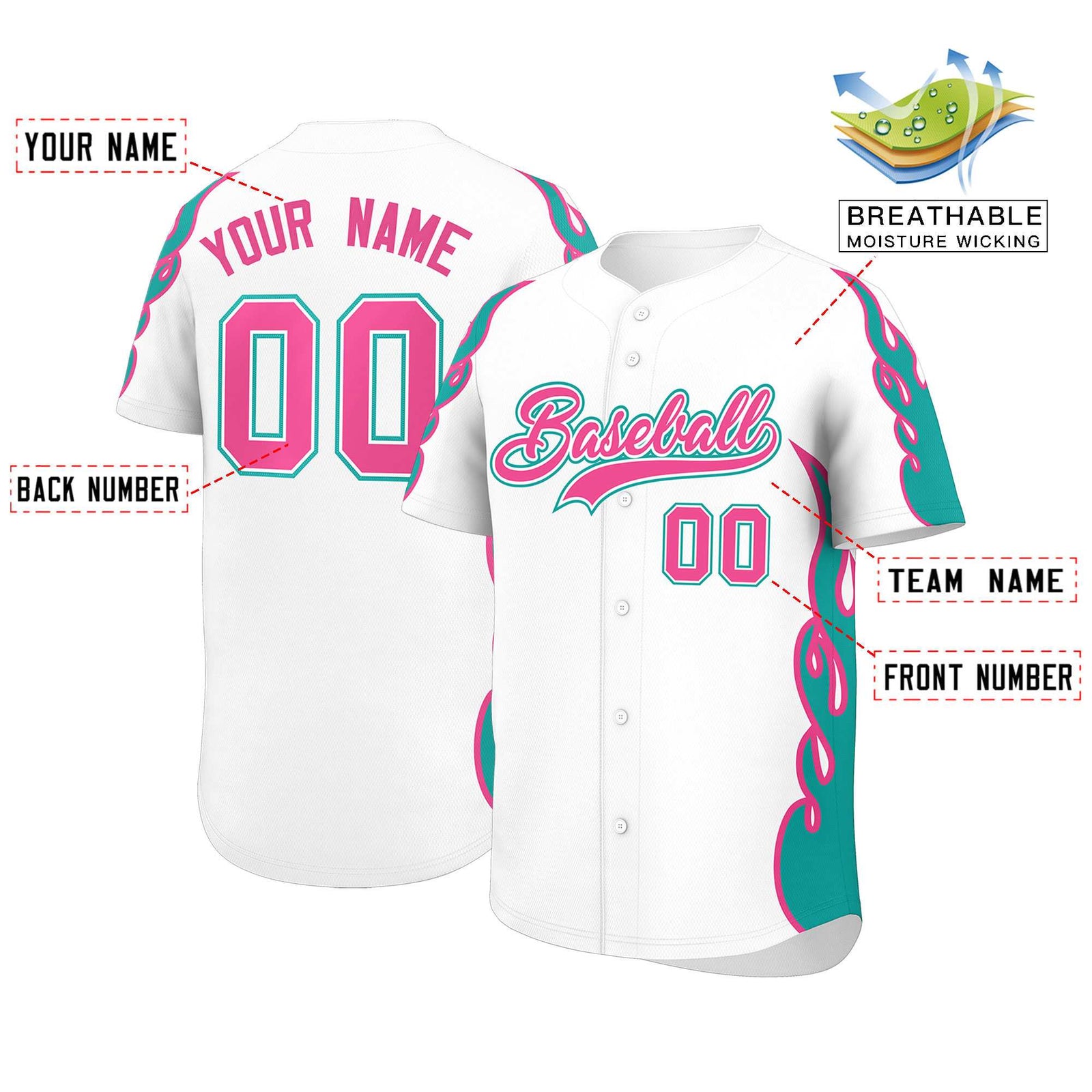 Custom White Aqua Side Flame Outline Pattern Sports Uniform Basetball Jersey