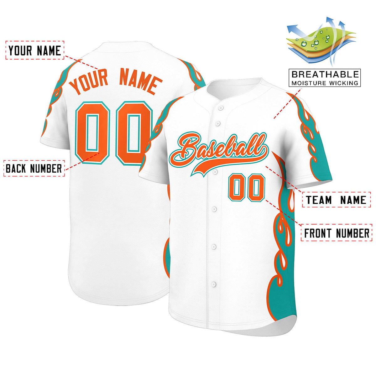 Custom White Aqua Side Flame Outline Pattern Sports Uniform Basetball Jersey