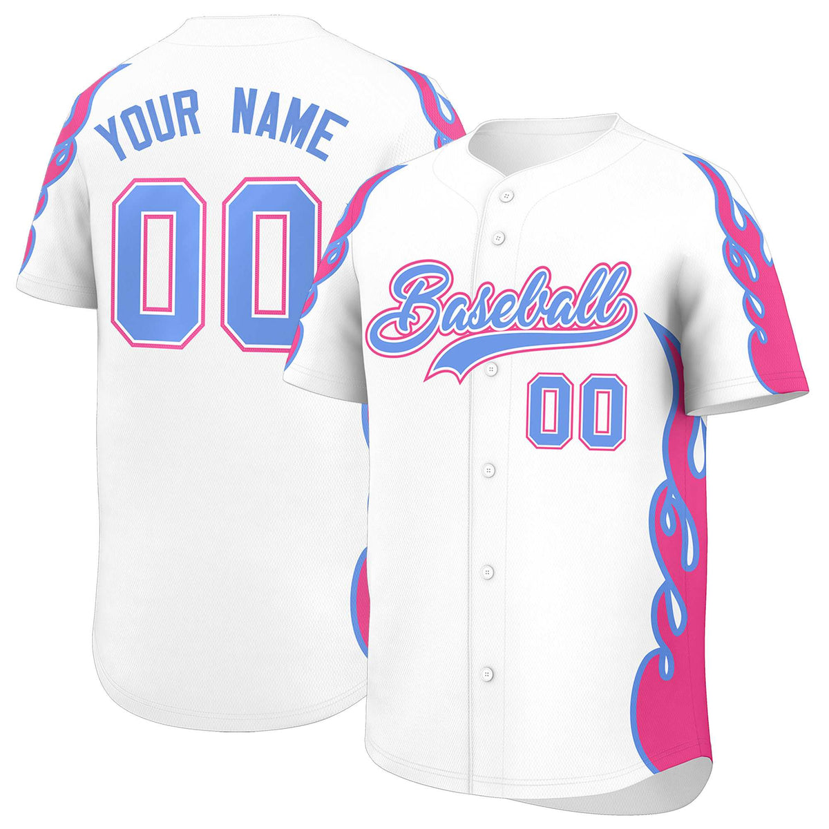 Custom White Pink Side Flame Outline Pattern Sports Uniform Basetball Jersey