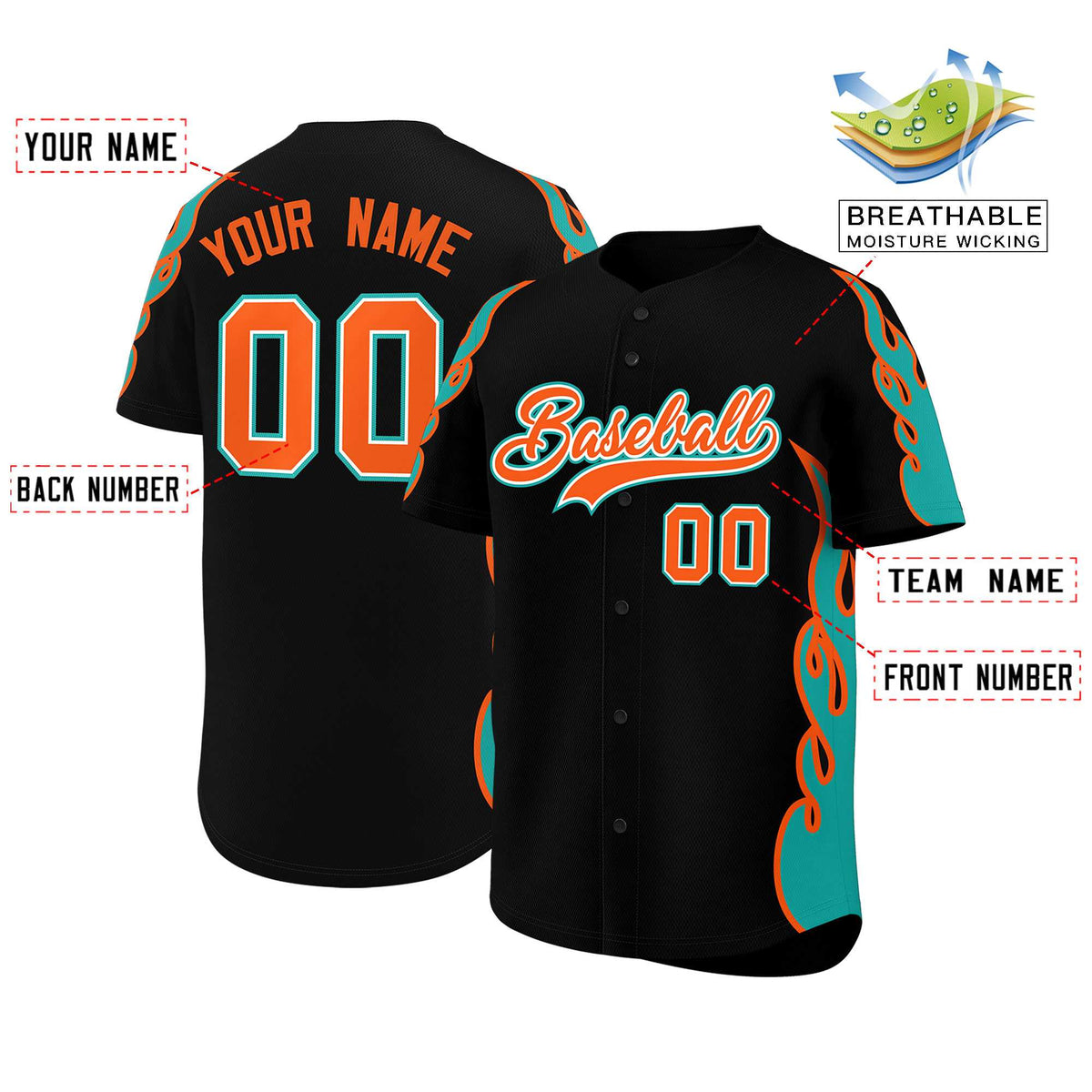 Custom Black Aqua Side Flame Outline Pattern Sports Uniform Basetball Jersey