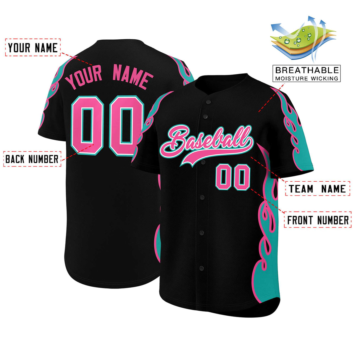 Custom Black Aqua Side Flame Outline Pattern Sports Uniform Basetball Jersey