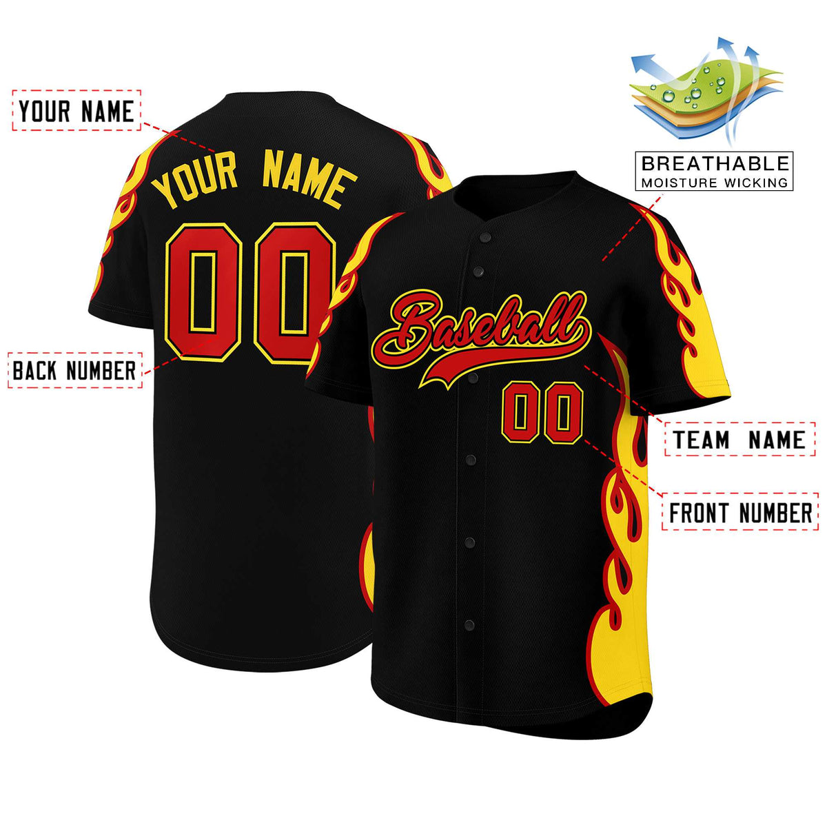 Custom Black Gold Side Flame Outline Pattern Sports Uniform Basetball Jersey