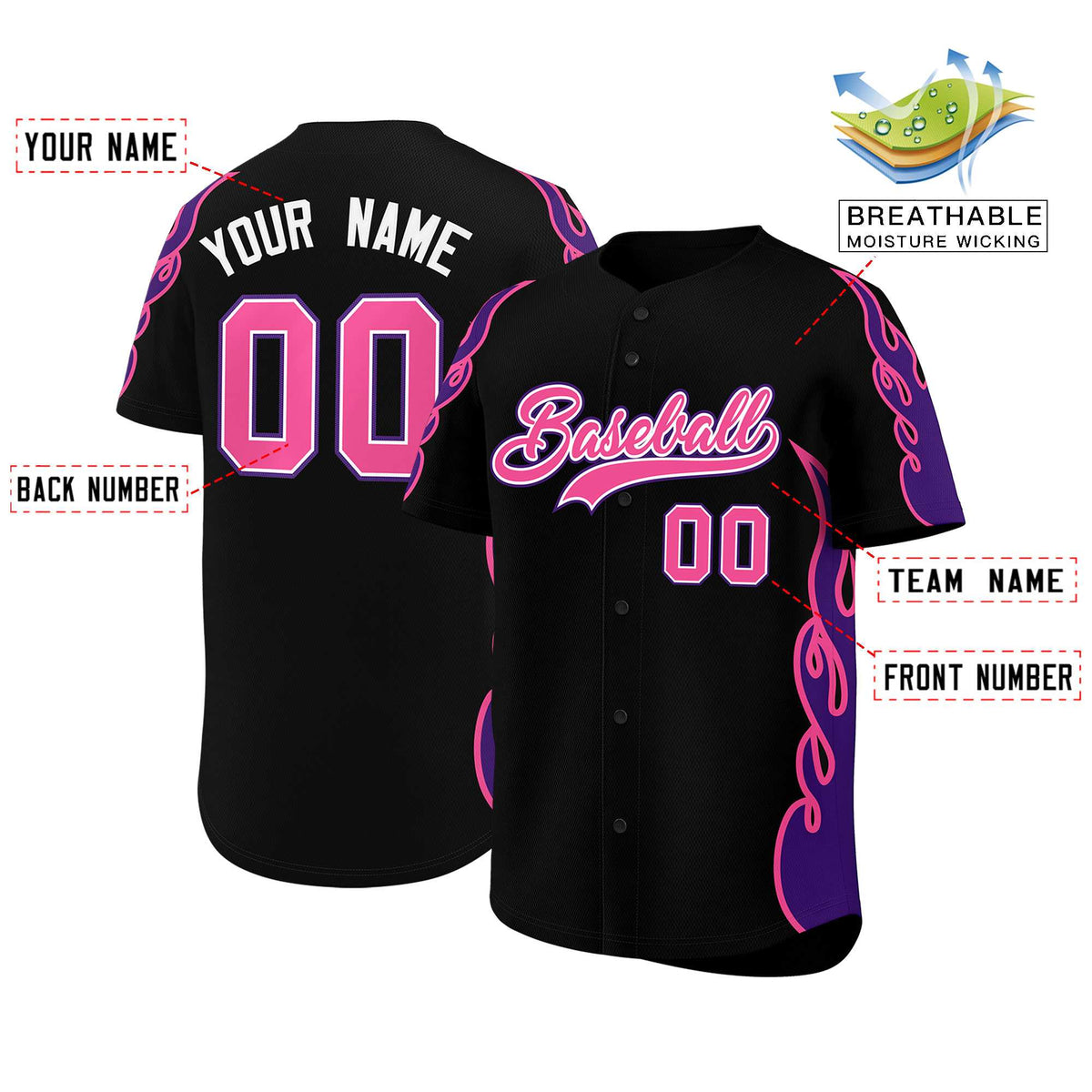 Custom Black Purple Side Flame Outline Pattern Sports Uniform Basetball Jersey