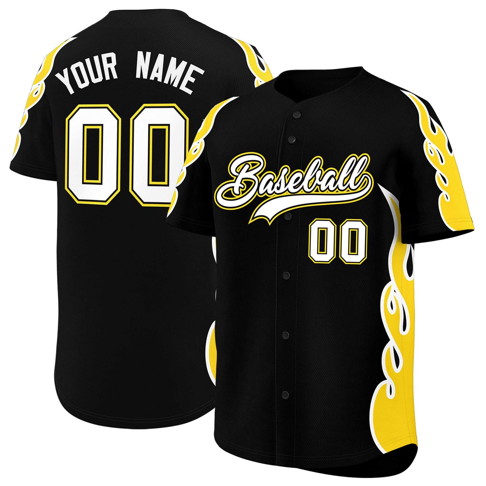 Custom Black Gold Side Flame Outline Pattern Sports Uniform Basetball Jersey