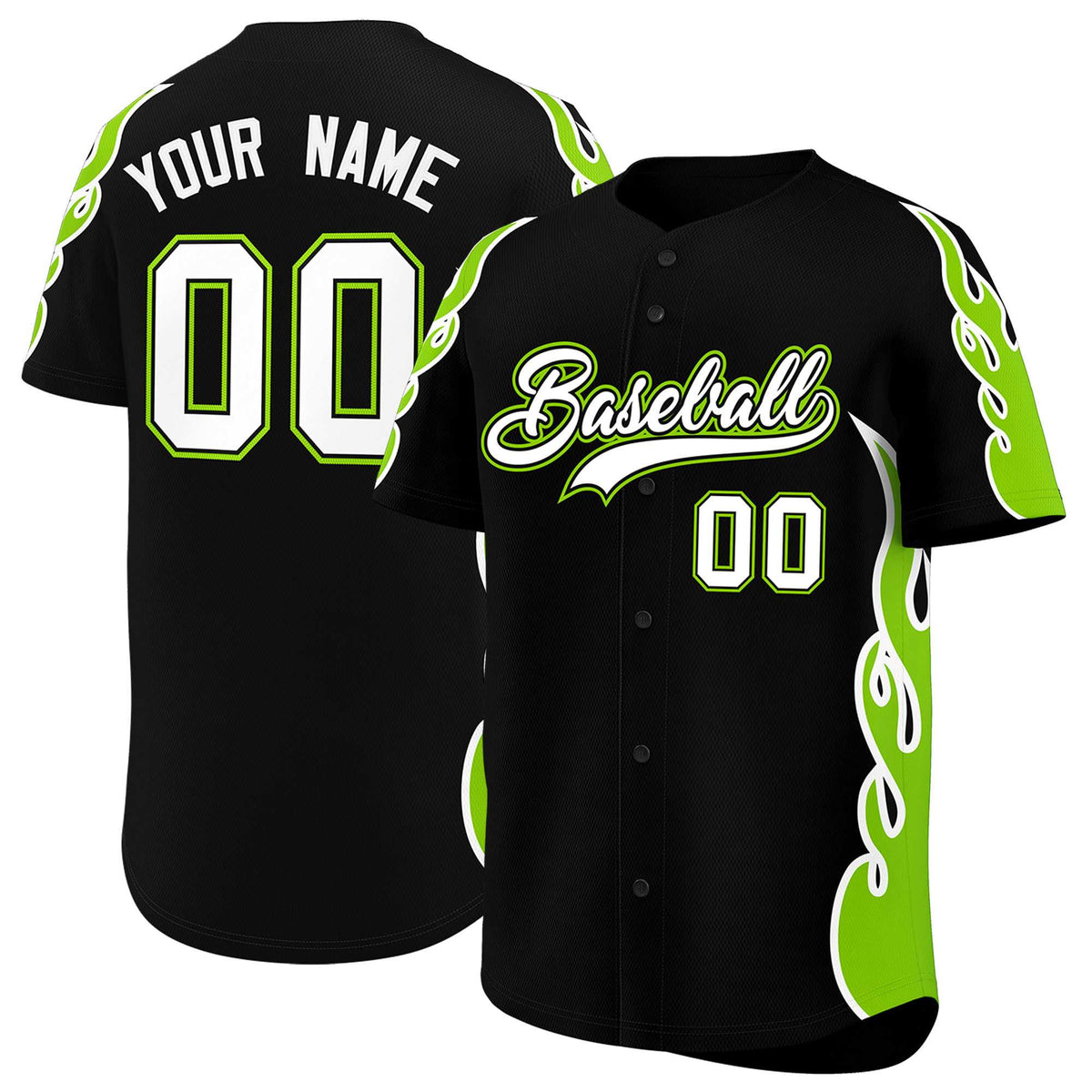 Custom Black Neon Green Side Flame Outline Pattern Sports Uniform Basetball Jersey