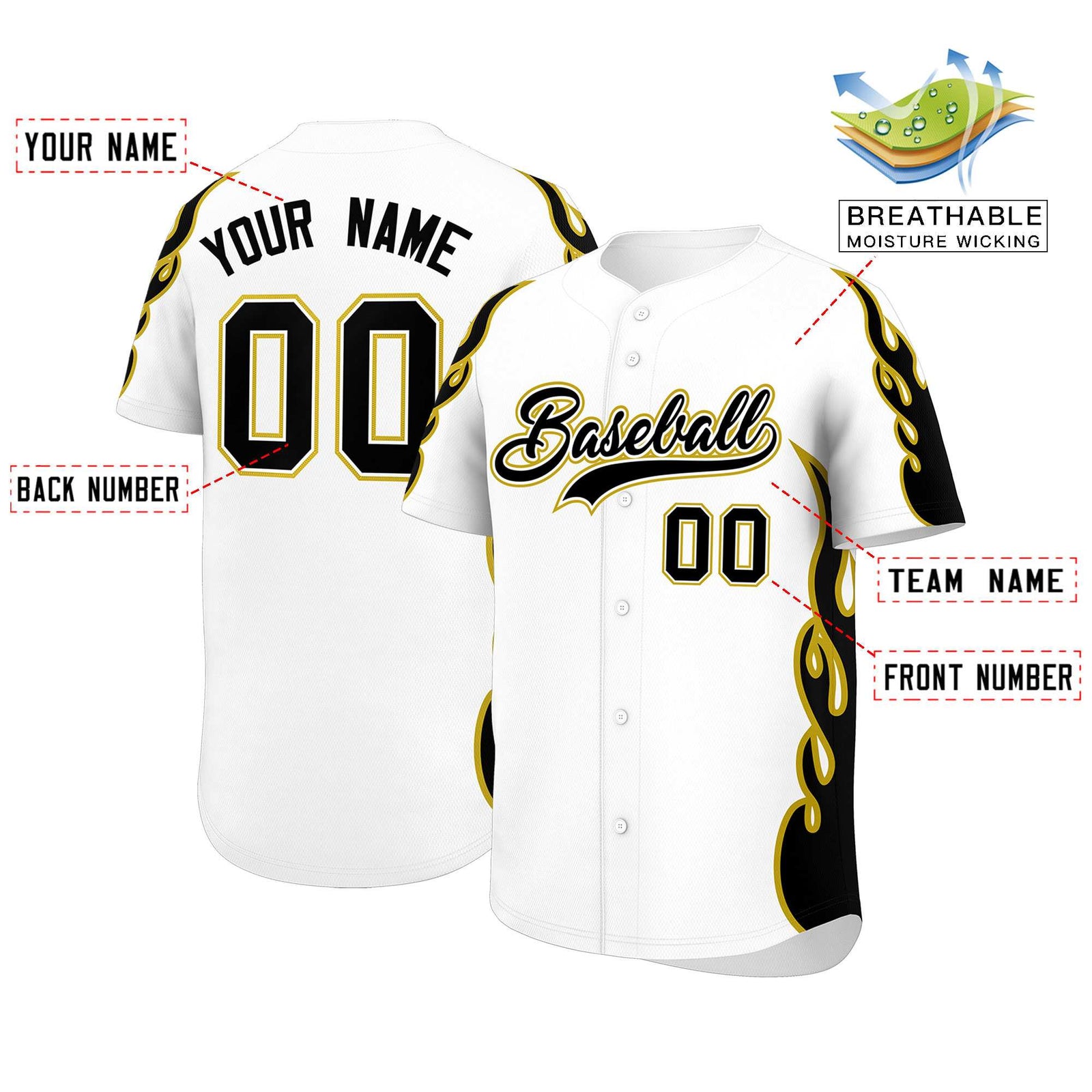 Custom White Old Gold Side Flame Outline Pattern Sports Uniform Basetball Jersey