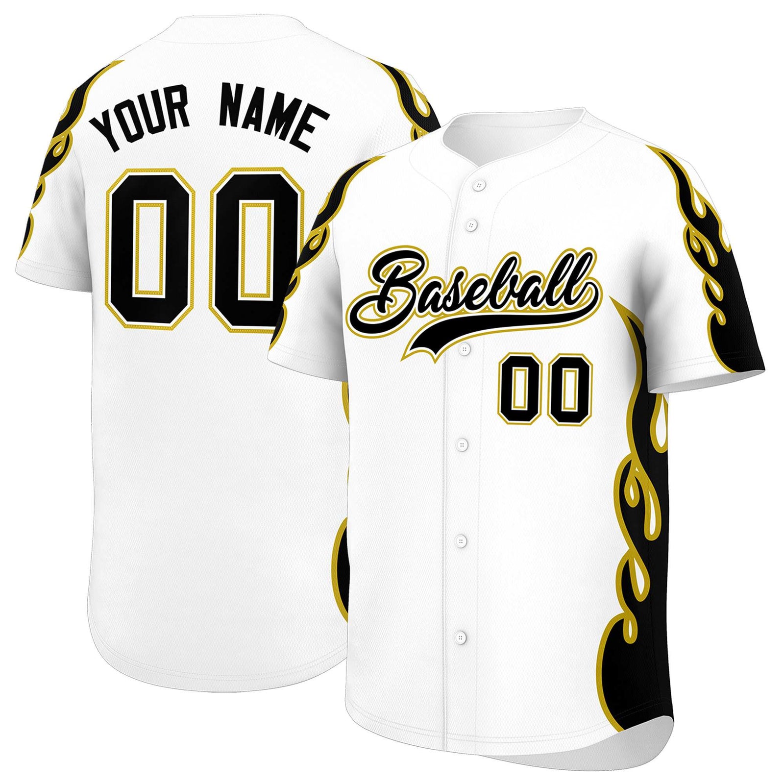 Custom White Old Gold Side Flame Outline Pattern Sports Uniform Basetball Jersey