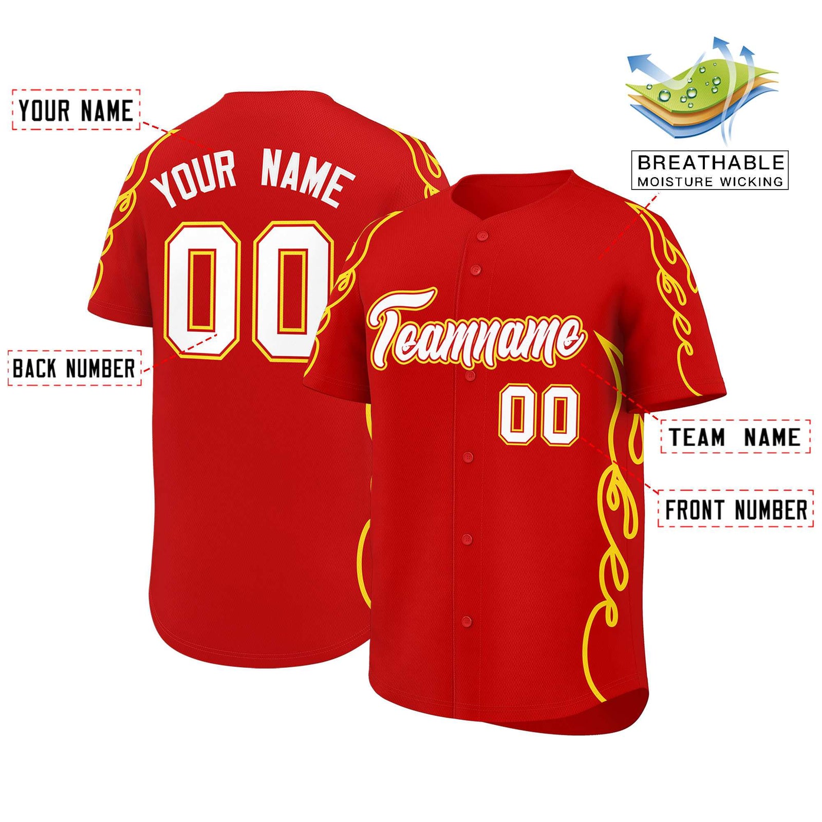 Custom Red Gold Side Flame Outline Pattern Sports Uniform Basetball Jersey