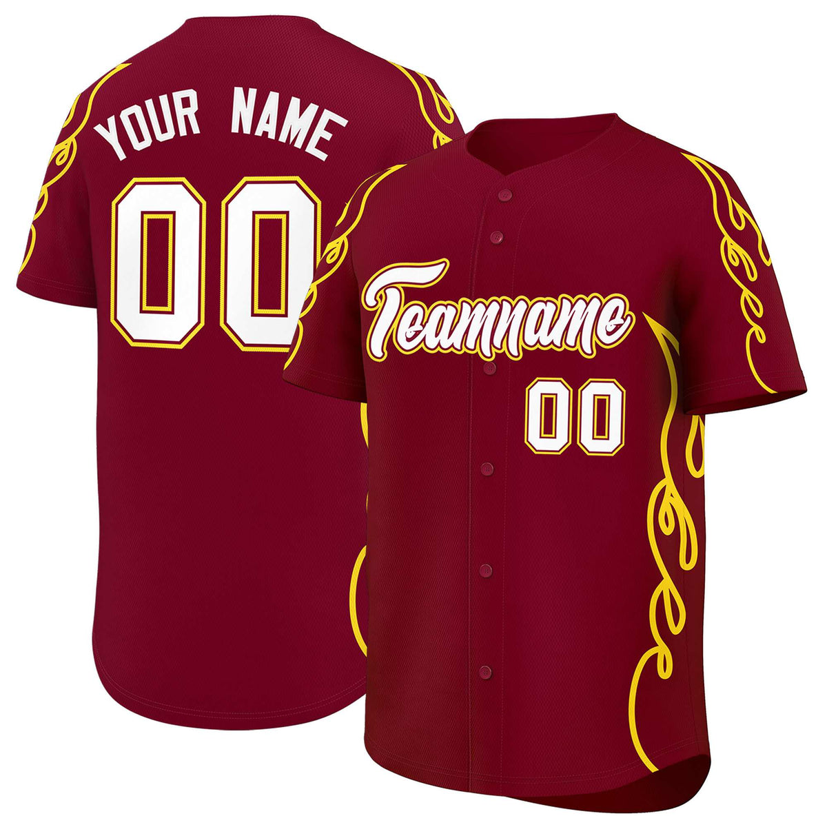 Custom Crimson Gold Side Flame Outline Pattern Sports Uniform Basetball Jersey