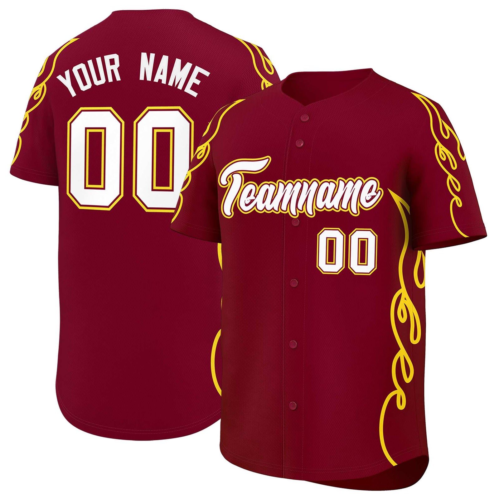 Custom Crimson Gold Side Flame Outline Pattern Sports Uniform Basetball Jersey