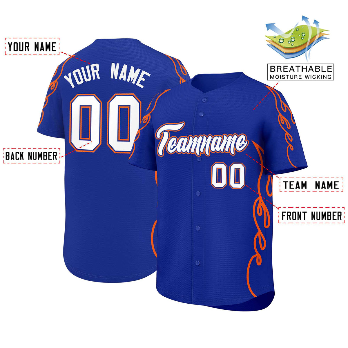 Custom Royal Orange Side Flame Outline Pattern Sports Uniform Basetball Jersey