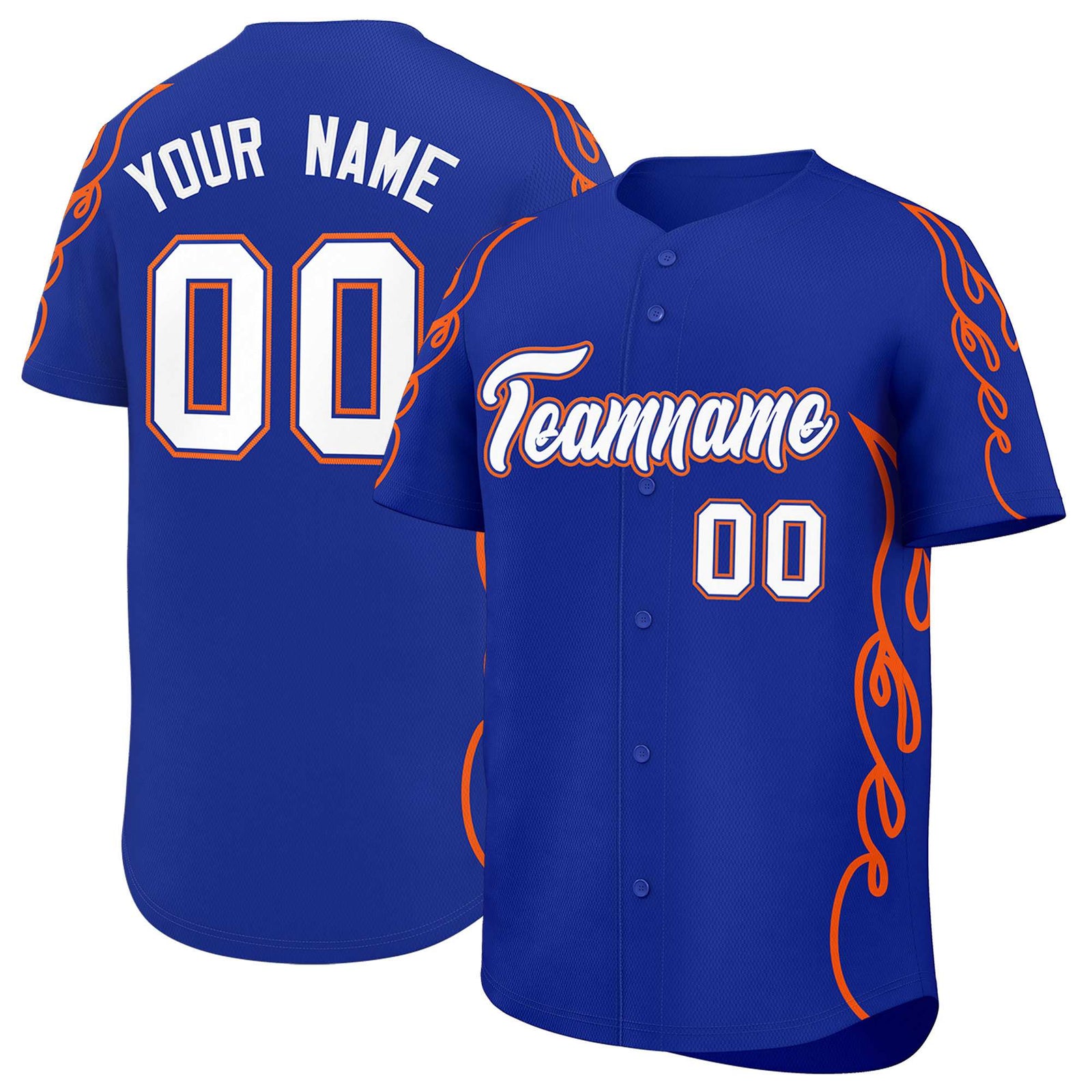 Custom Royal Orange Side Flame Outline Pattern Sports Uniform Basetball Jersey