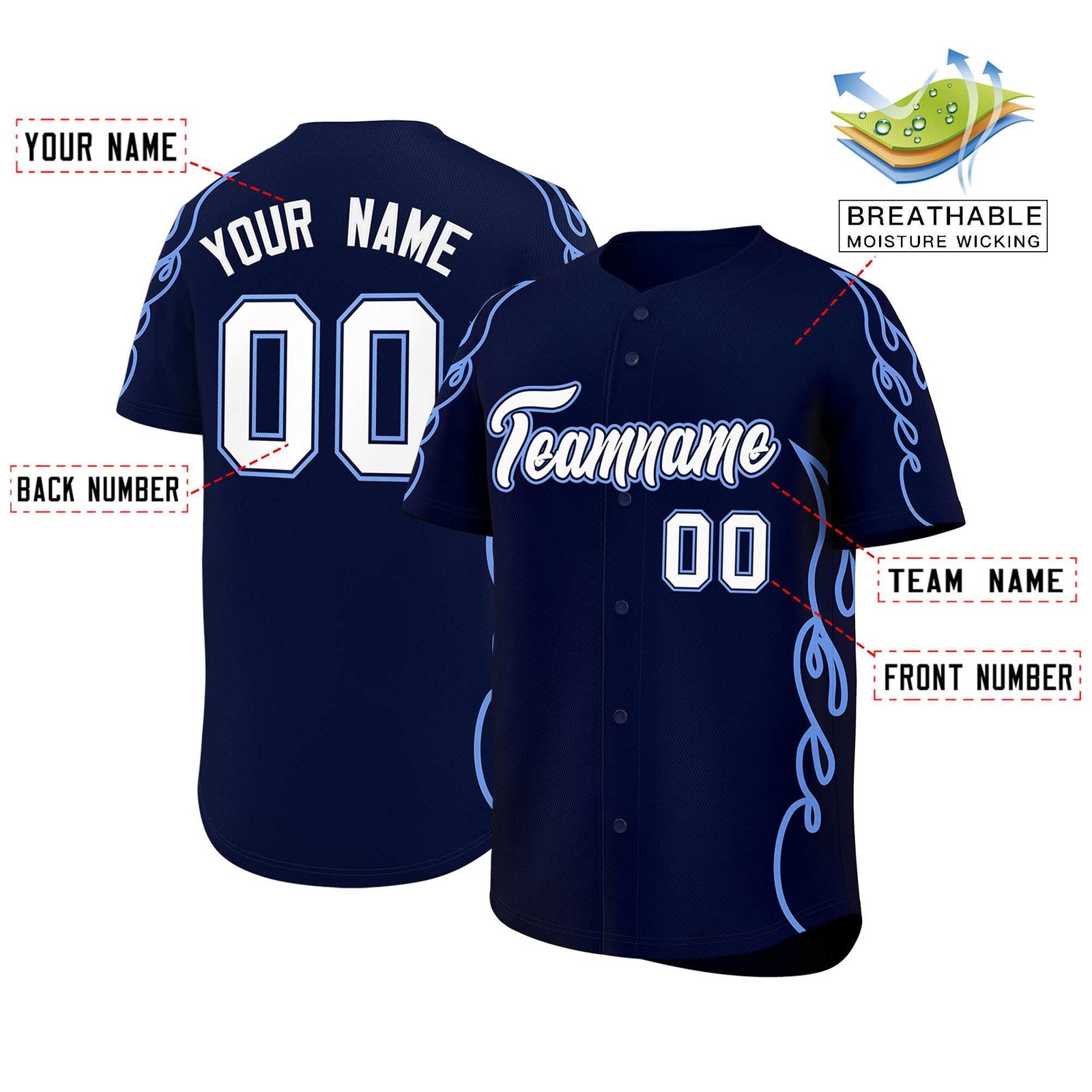 Custom Navy Light Blue Side Flame Outline Pattern Sports Uniform Basetball Jersey