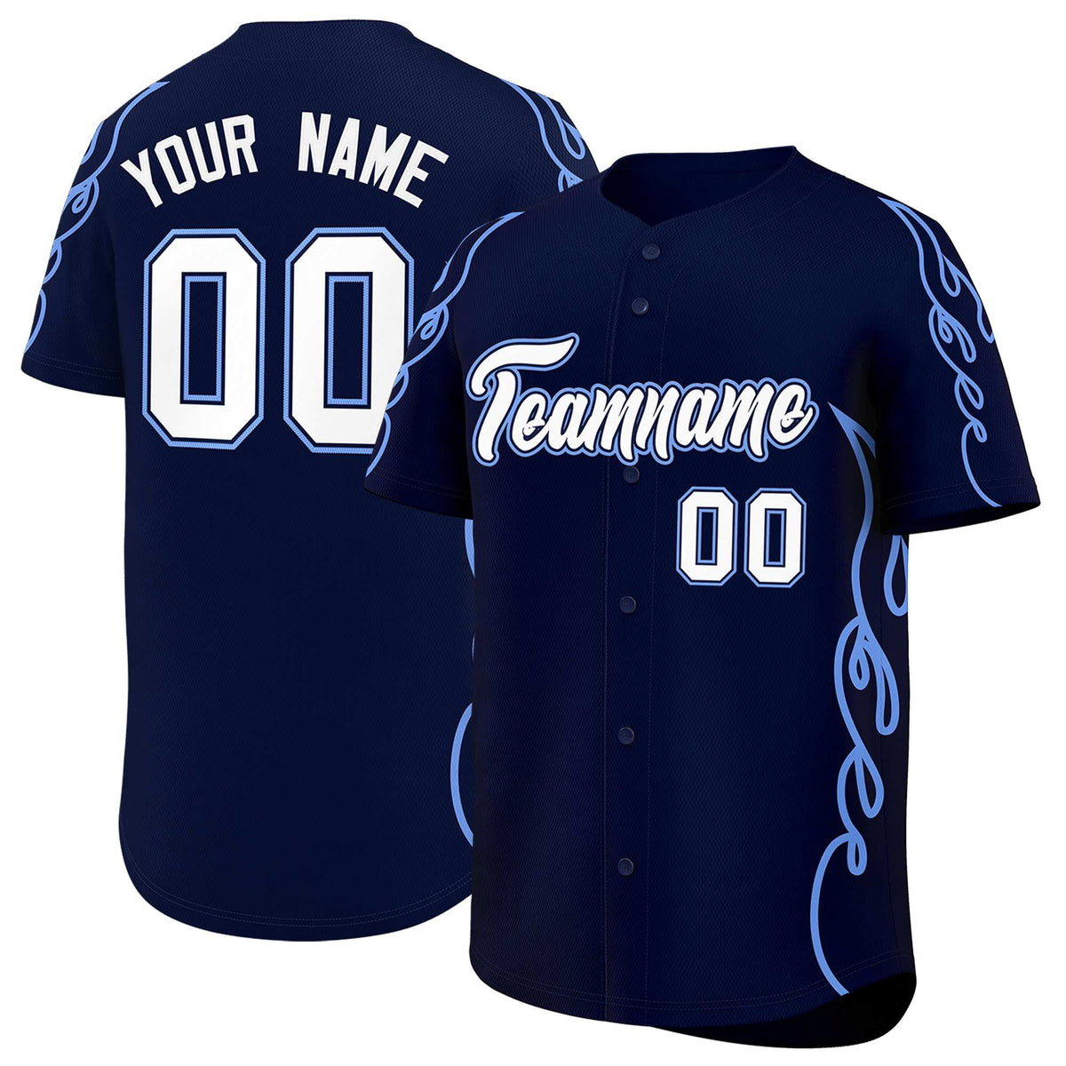 Custom Navy Light Blue Side Flame Outline Pattern Sports Uniform Basetball Jersey