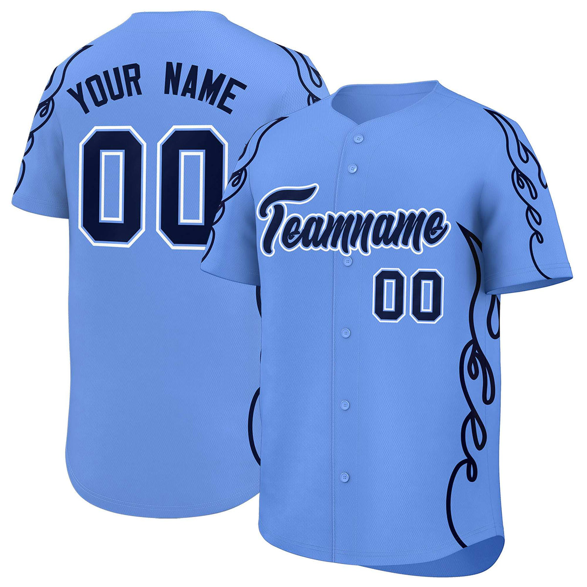 Custom Light Blue Navy Side Flame Outline Pattern Sports Uniform Basetball Jersey