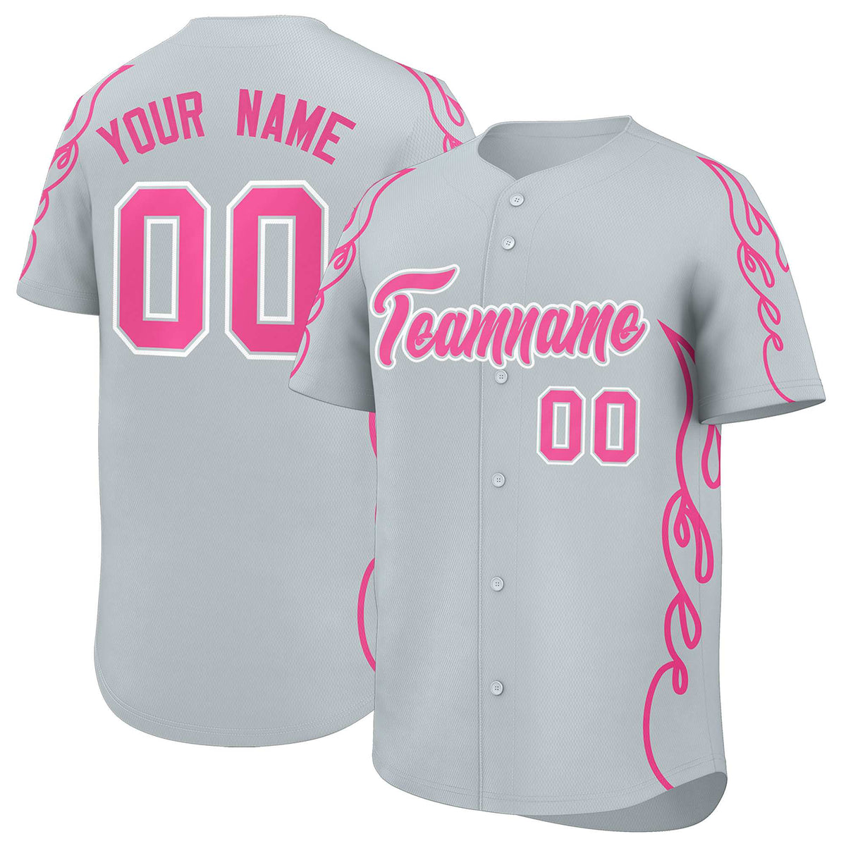 Custom Silver Pink Side Flame Outline Pattern Sports Uniform Basetball Jersey