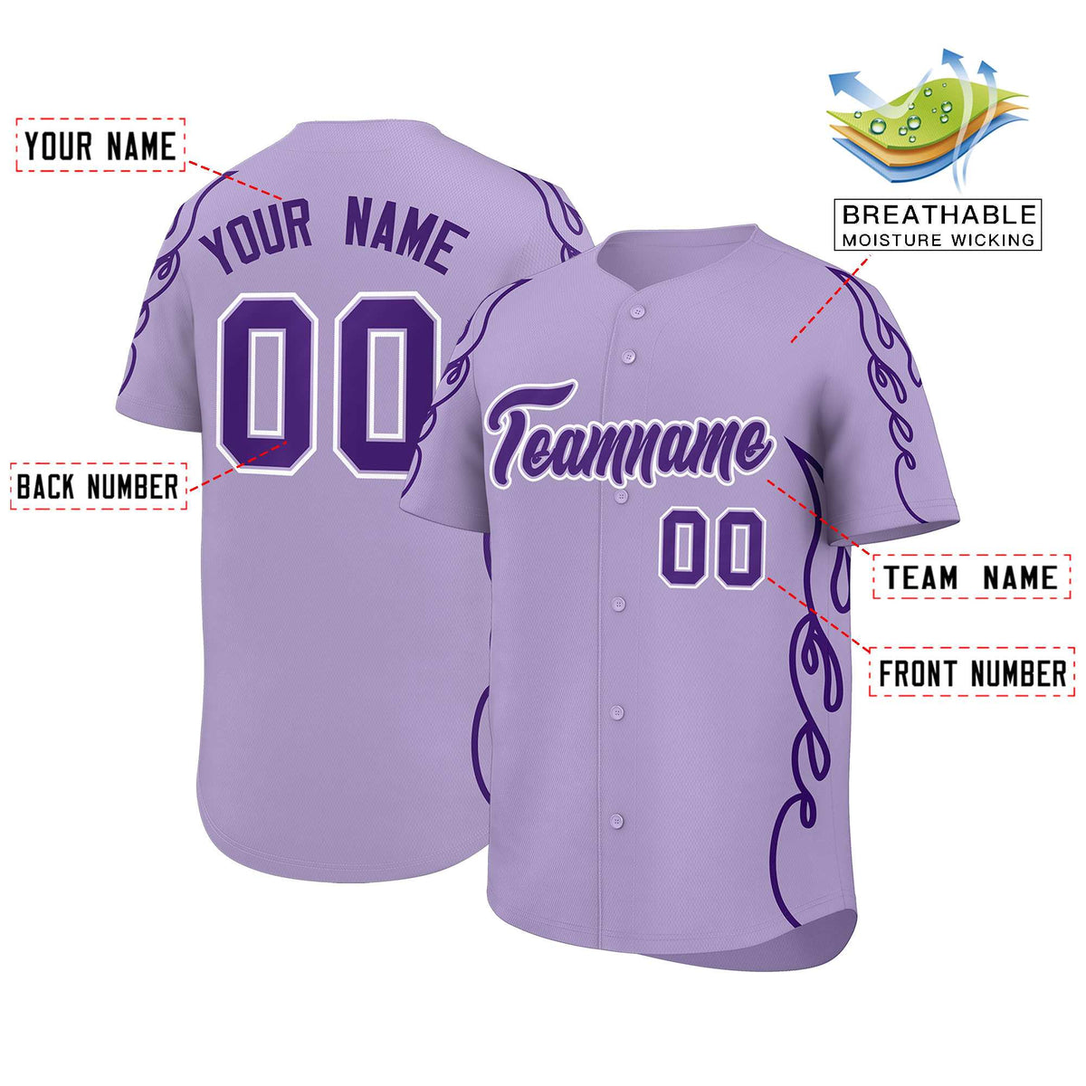 Custom Light Purple Purple Side Flame Outline Pattern Sports Uniform Basetball Jersey