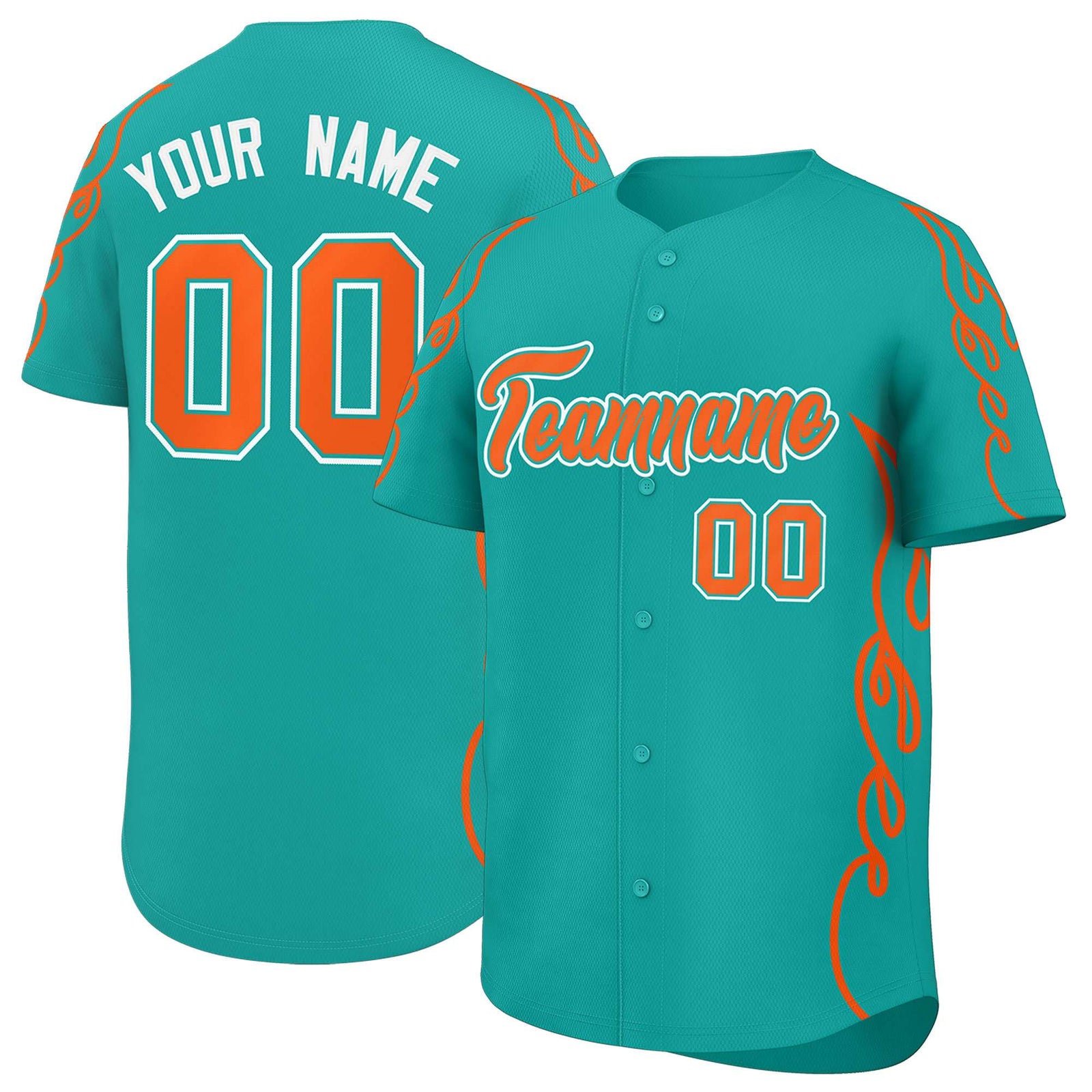 Custom Aqua Orange Side Flame Outline Pattern Sports Uniform Basetball Jersey