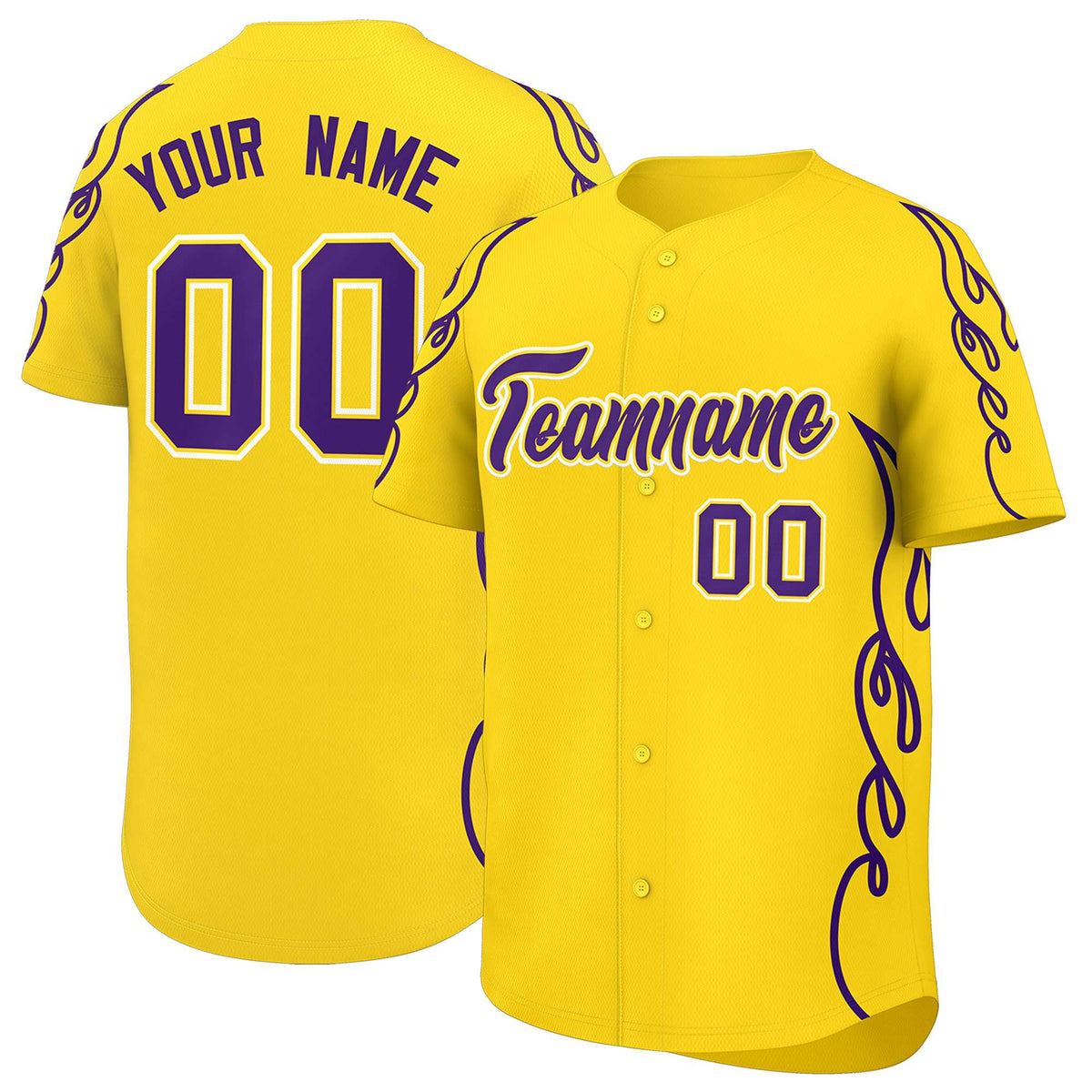 Custom Gold Purple Side Flame Outline Pattern Sports Uniform Basetball Jersey