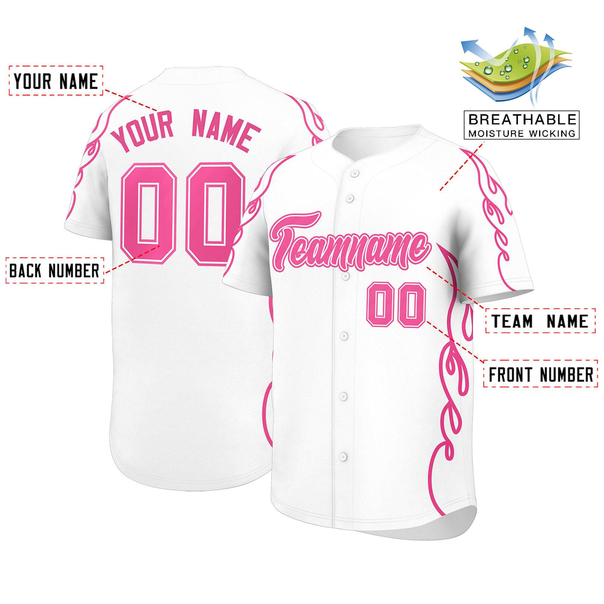 Custom White Pink Side Flame Outline Pattern Sports Uniform Basetball Jersey