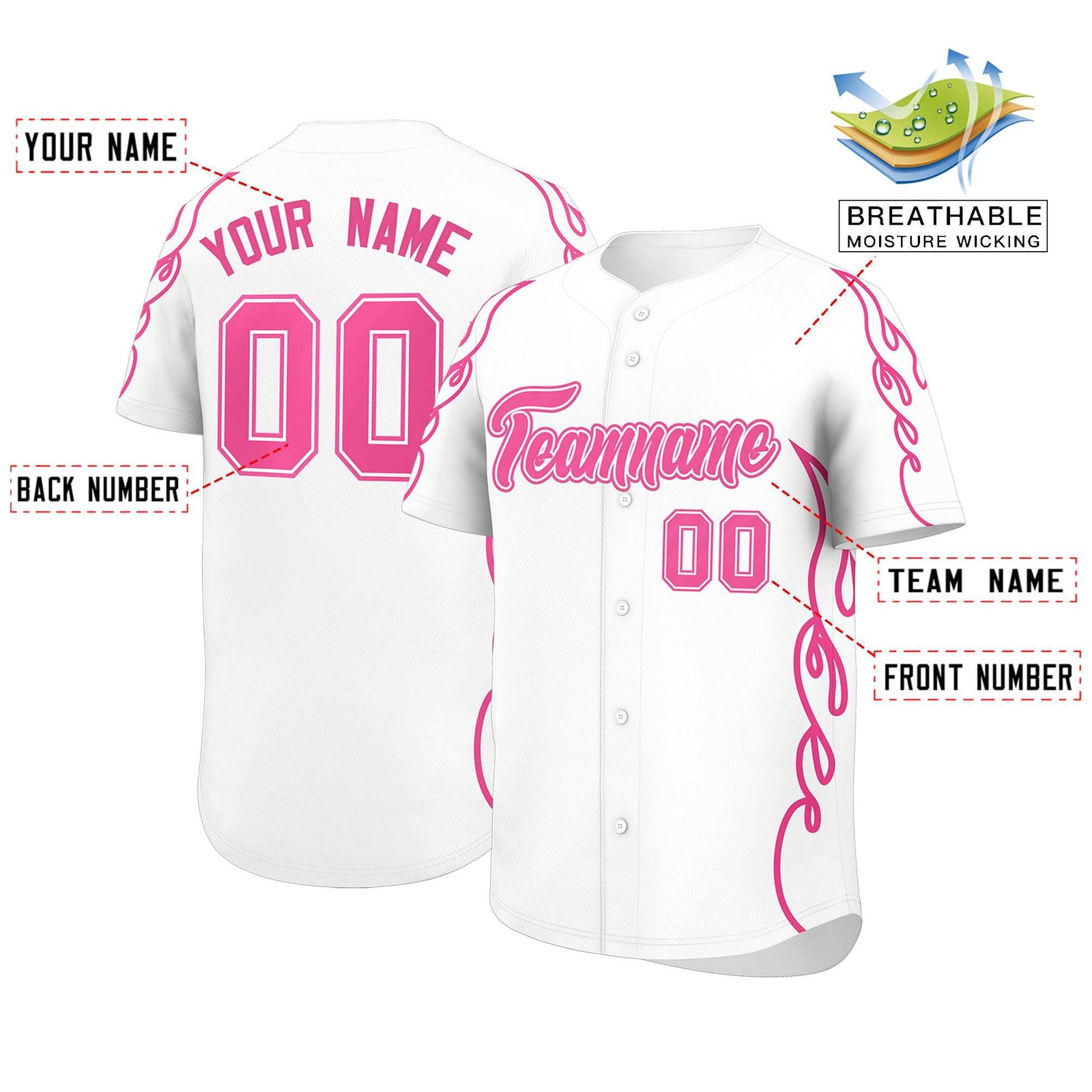 Custom White Pink Side Flame Outline Pattern Sports Uniform Basetball Jersey
