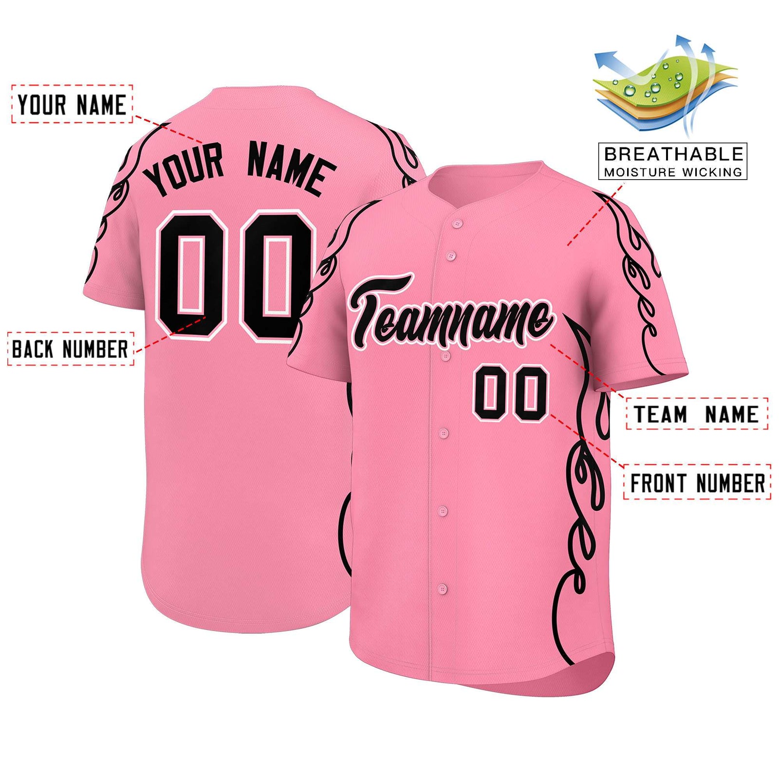 Custom Light Pink Black Side Flame Outline Pattern Sports Uniform Basetball Jersey