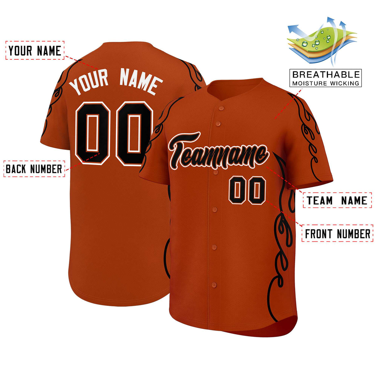 Custom Texas Orange Black Side Flame Outline Pattern Sports Uniform Basetball Jersey