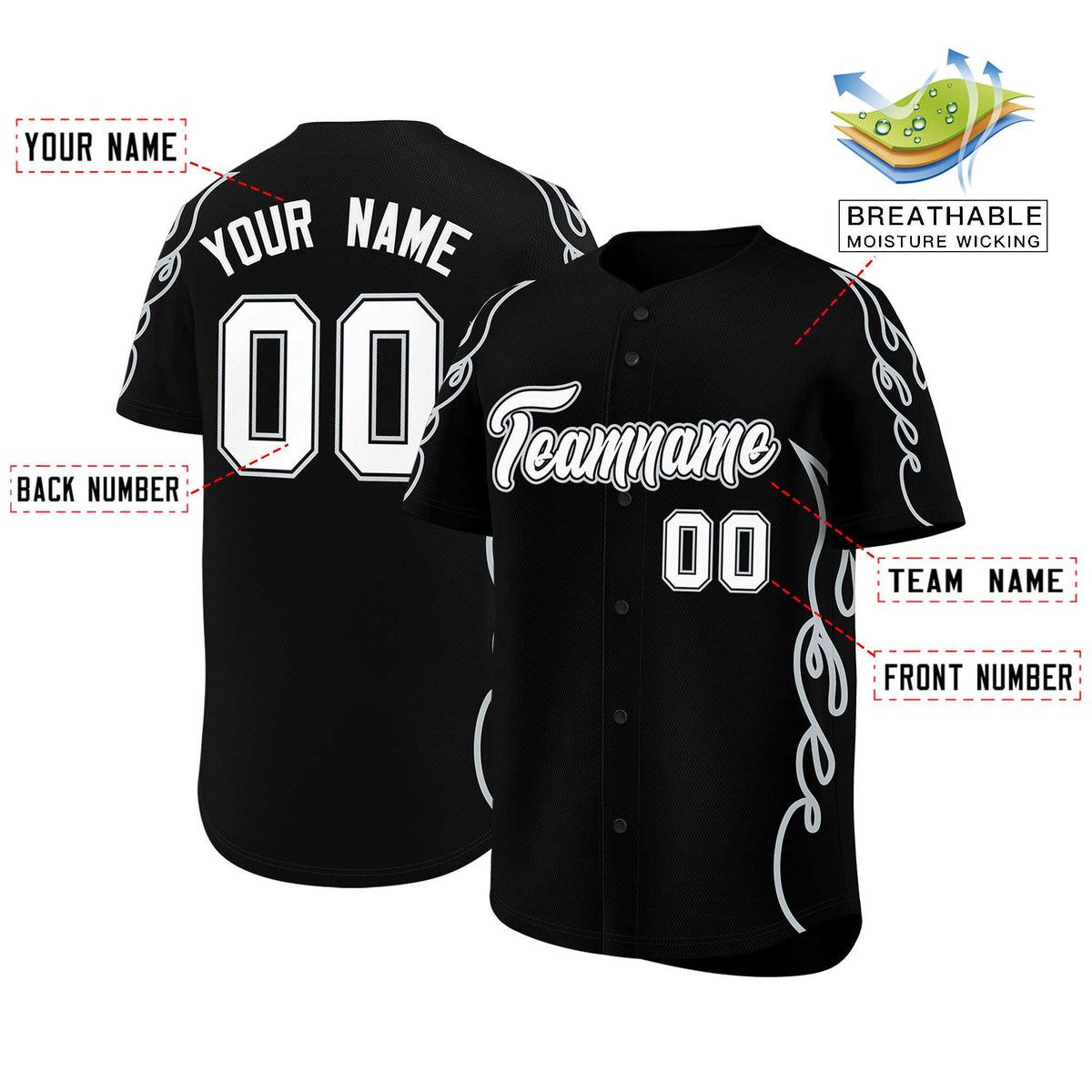 Custom Black Silver Side Flame Outline Pattern Sports Uniform Basetball Jersey