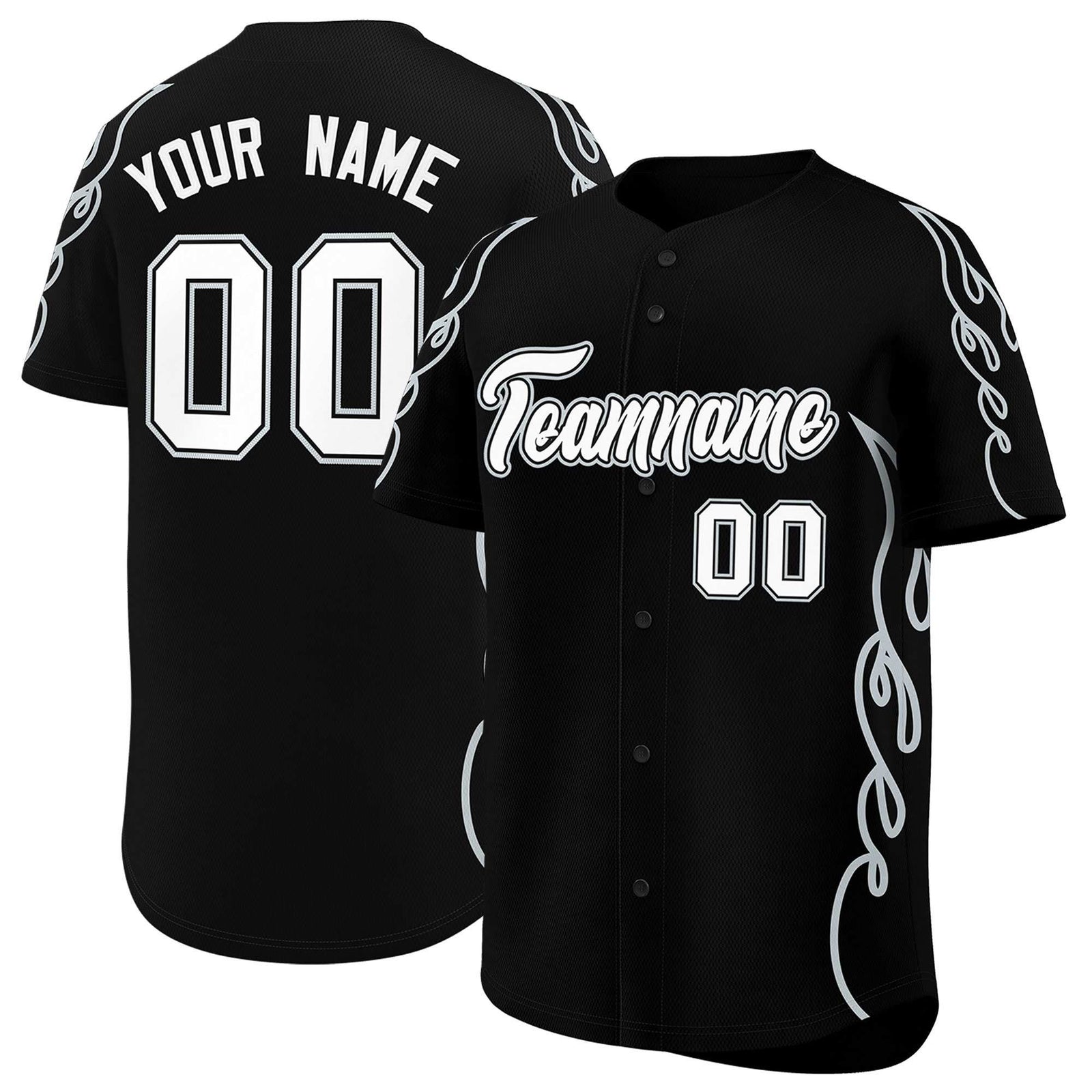 Custom Black Silver Side Flame Outline Pattern Sports Uniform Basetball Jersey