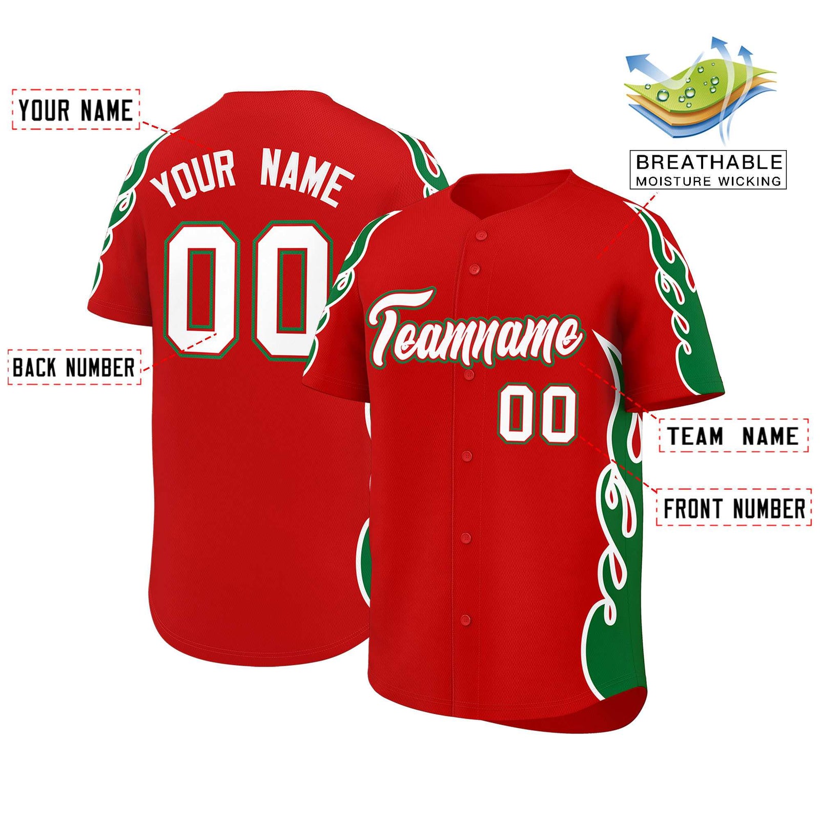 Custom Red Kelly Green Side Flame Outline Pattern Sports Uniform Basetball Jersey