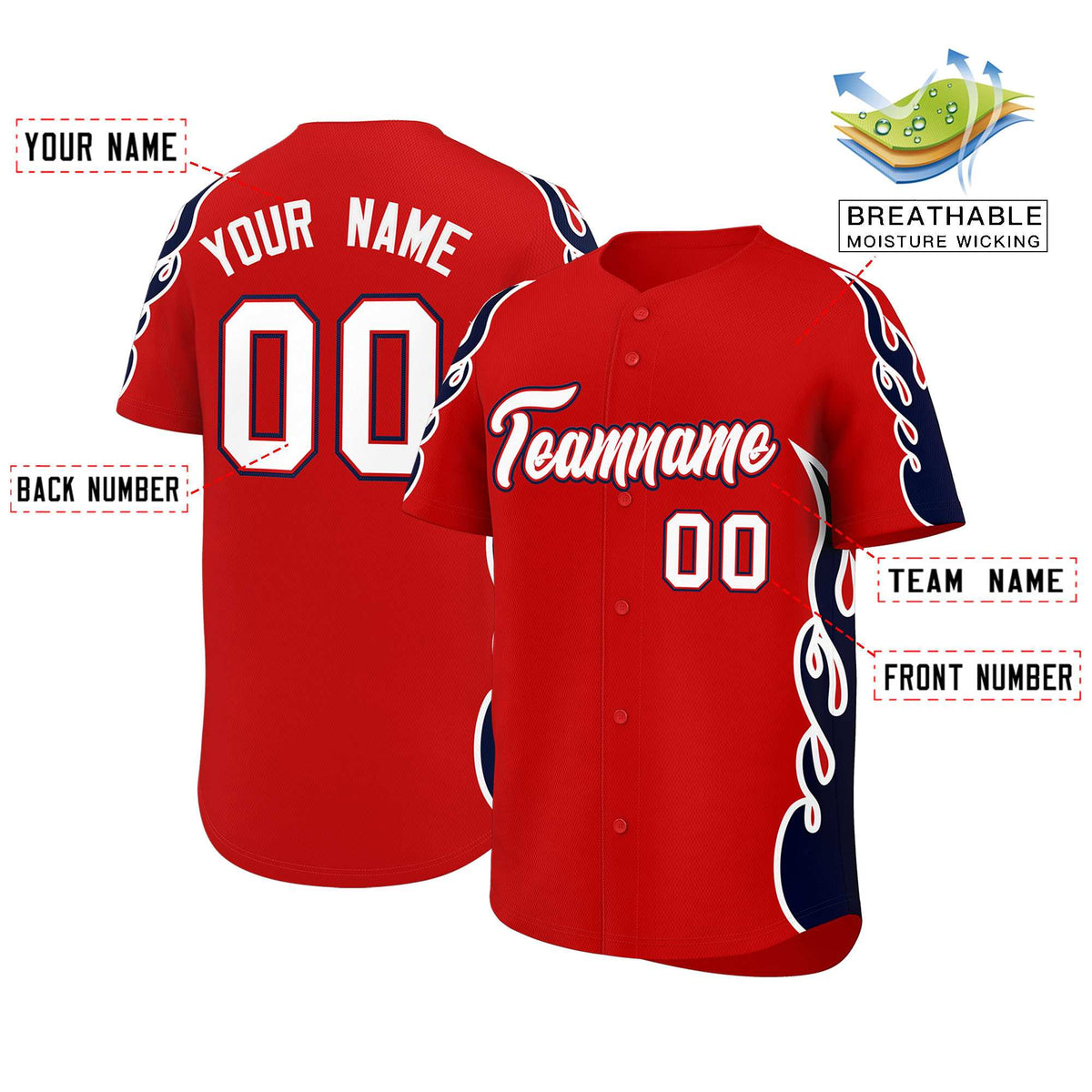 Custom Red Navy Side Flame Outline Pattern Sports Uniform Basetball Jersey