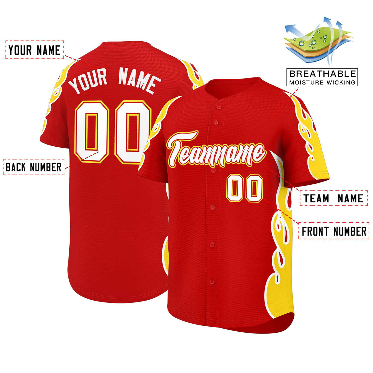 Custom Red Gold Side Flame Outline Pattern Sports Uniform Basetball Jersey