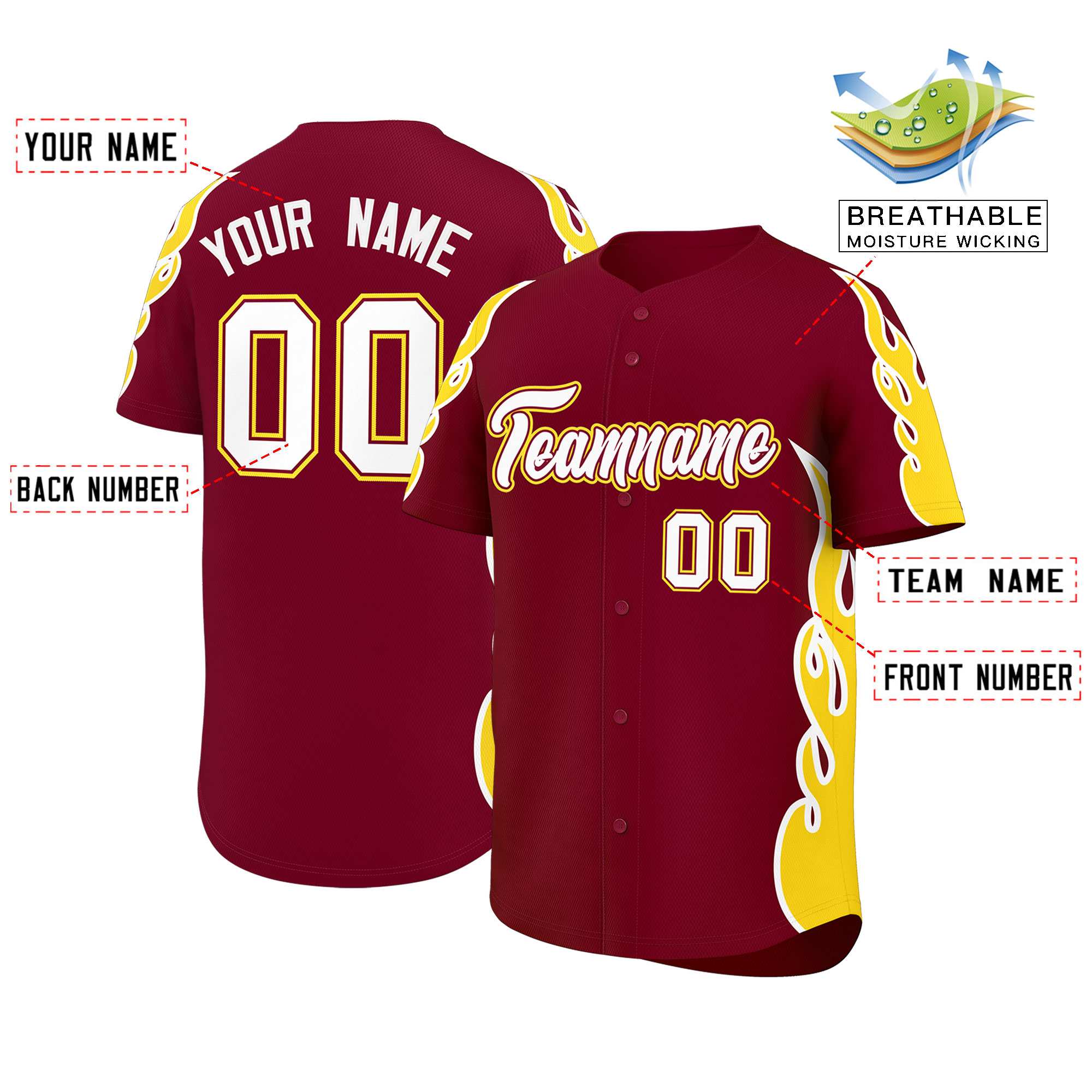 Custom Crimson Gold Side Flame Outline Pattern Sports Uniform Basetball Jersey