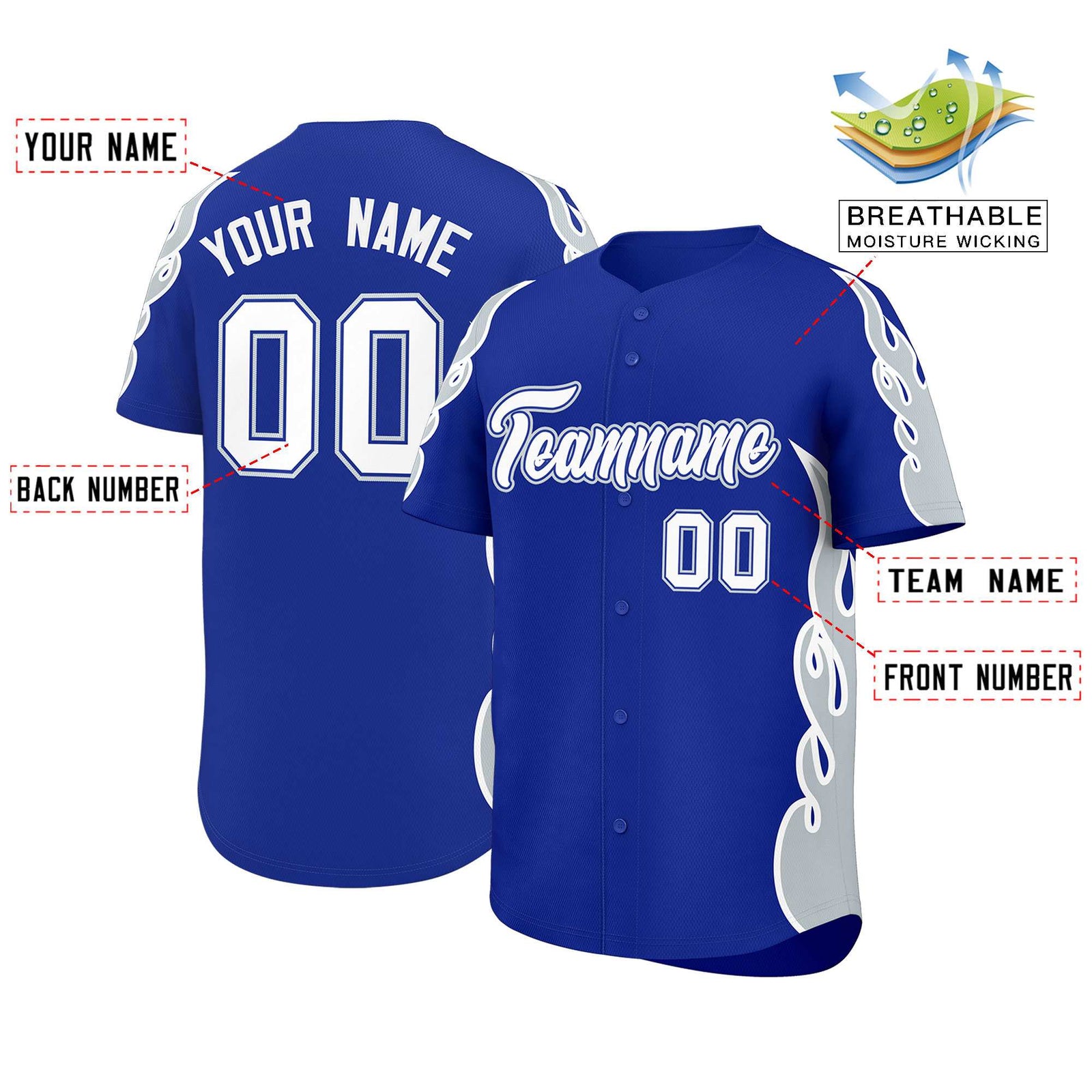 Custom Royal Silver Side Flame Outline Pattern Sports Uniform Basetball Jersey