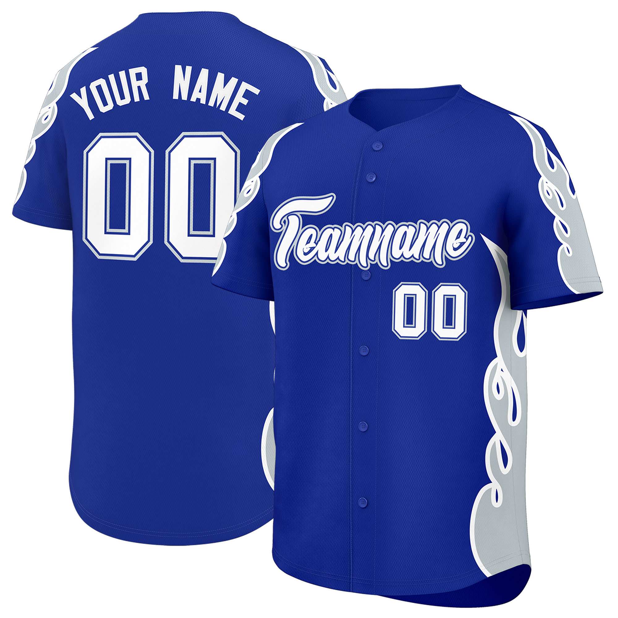 Custom Royal Silver Side Flame Outline Pattern Sports Uniform Basetball Jersey