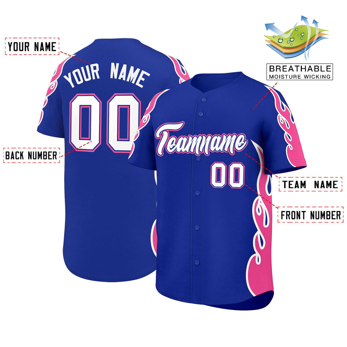 Custom Royal Pink Side Flame Outline Pattern Sports Uniform Basetball Jersey