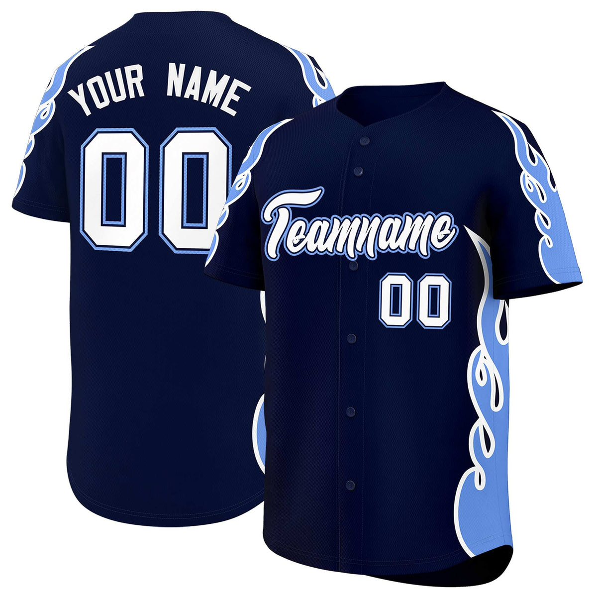 Custom Navy Light Blue Side Flame Outline Pattern Sports Uniform Basetball Jersey