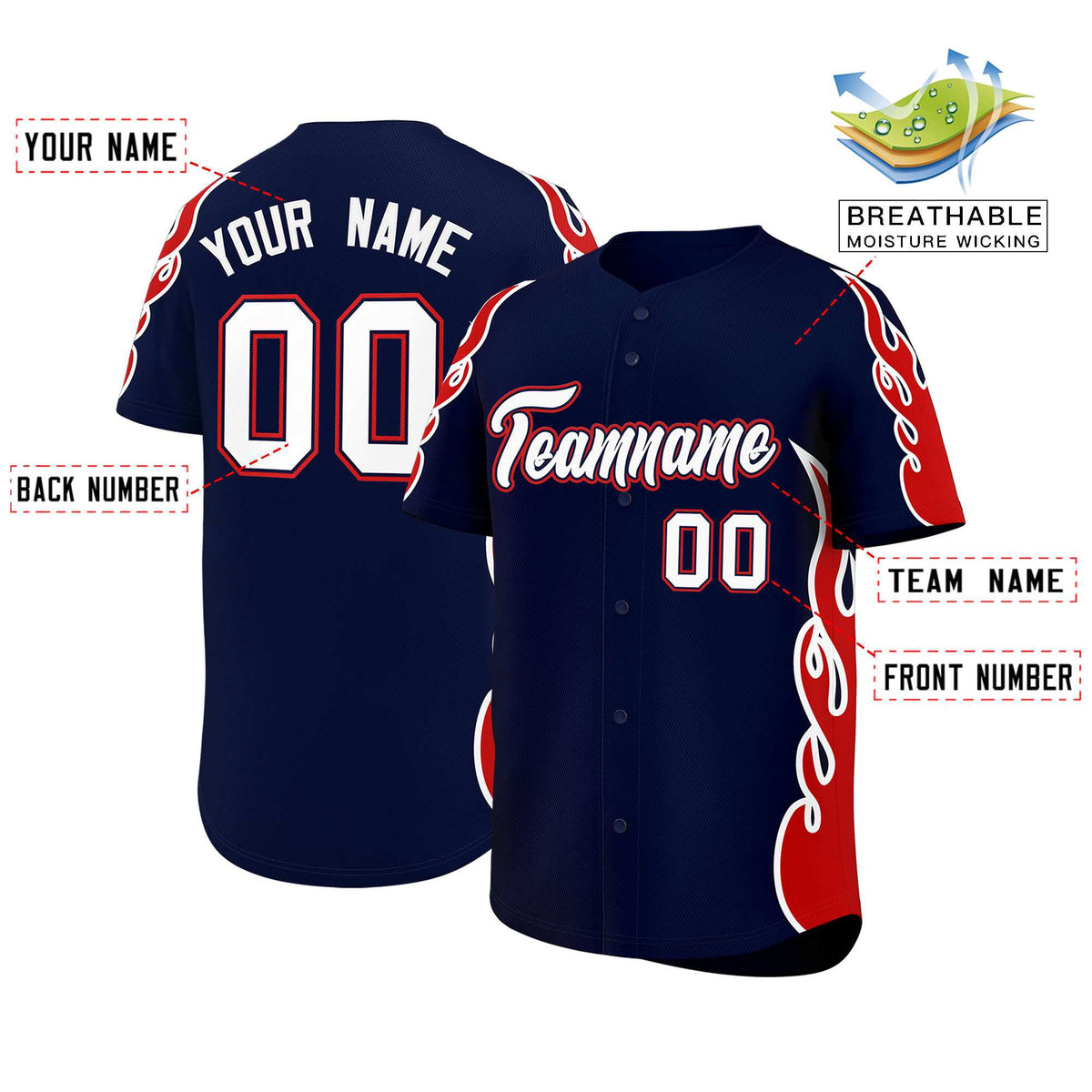 Custom Navy Red Side Flame Outline Pattern Sports Uniform Basetball Jersey