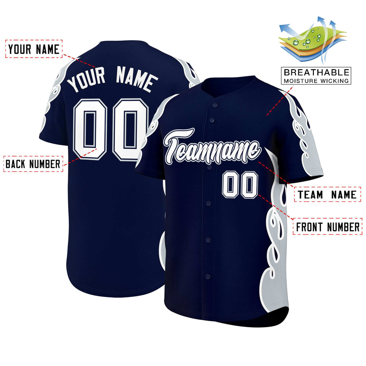 Custom Navy Silver Side Flame Outline Pattern Sports Uniform Basetball Jersey