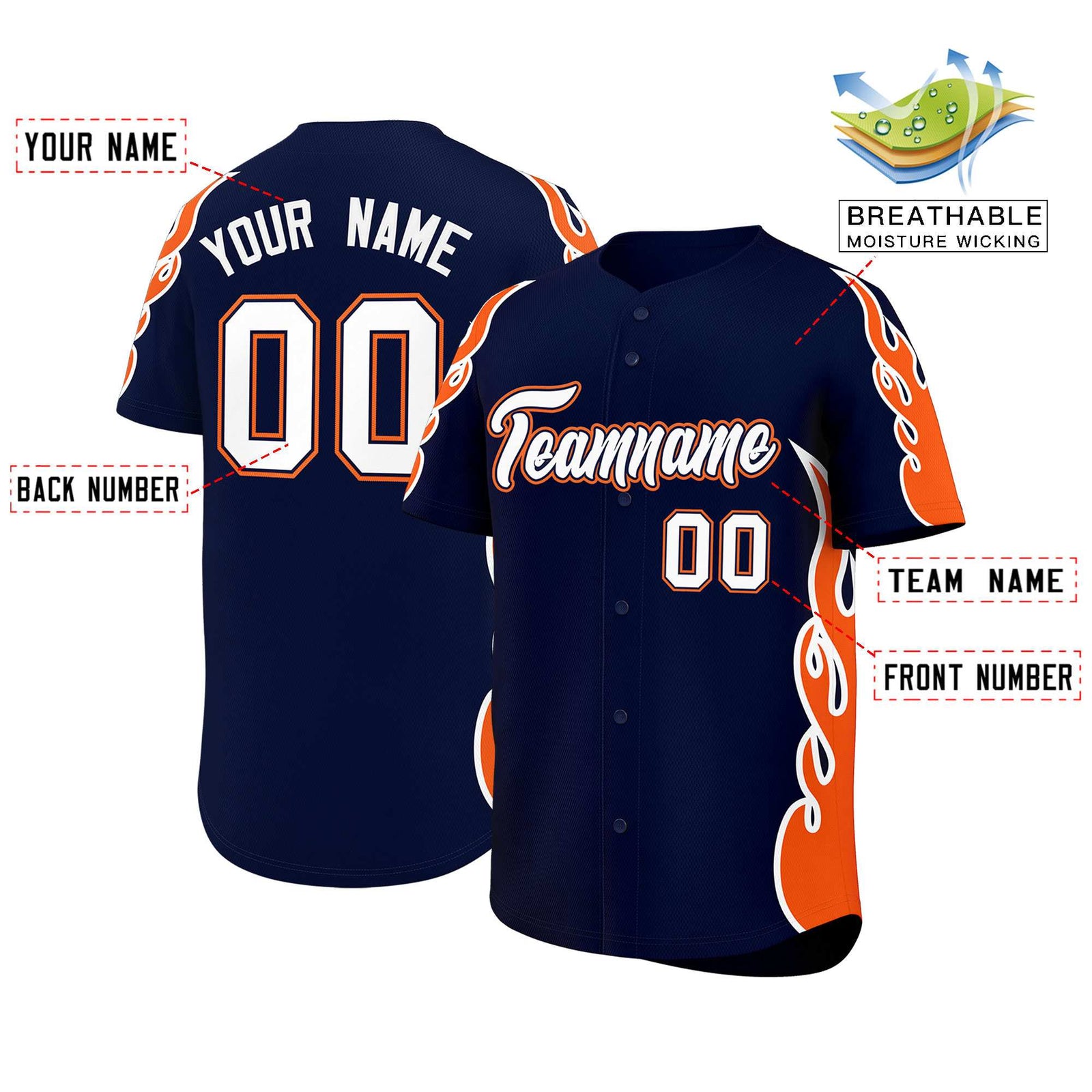 Custom Navy Orange Side Flame Outline Pattern Sports Uniform Basetball Jersey